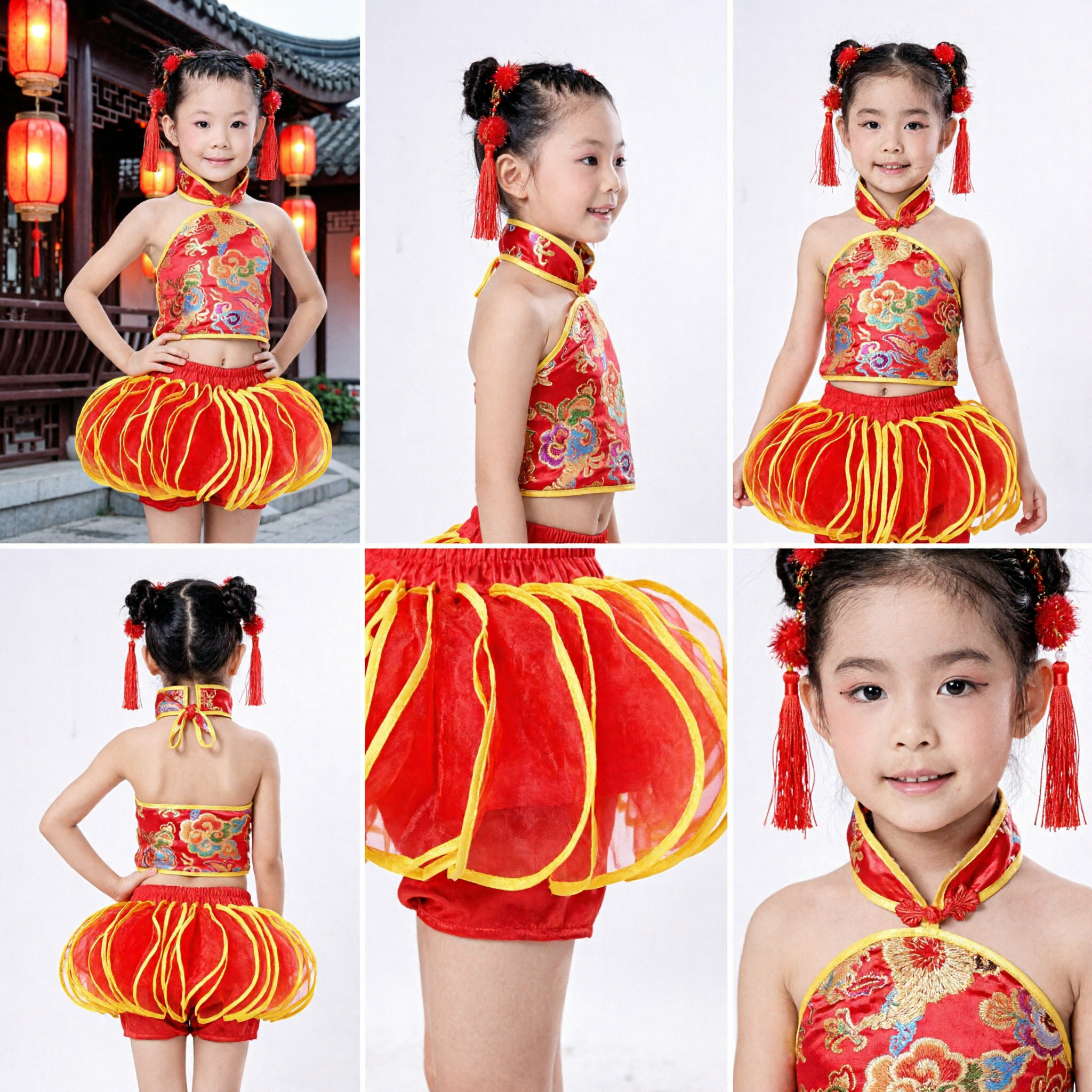 Kids Chinese New Year Lantern Dance Costume Red Halter Top and Skirt Set for Girls Stage Performance