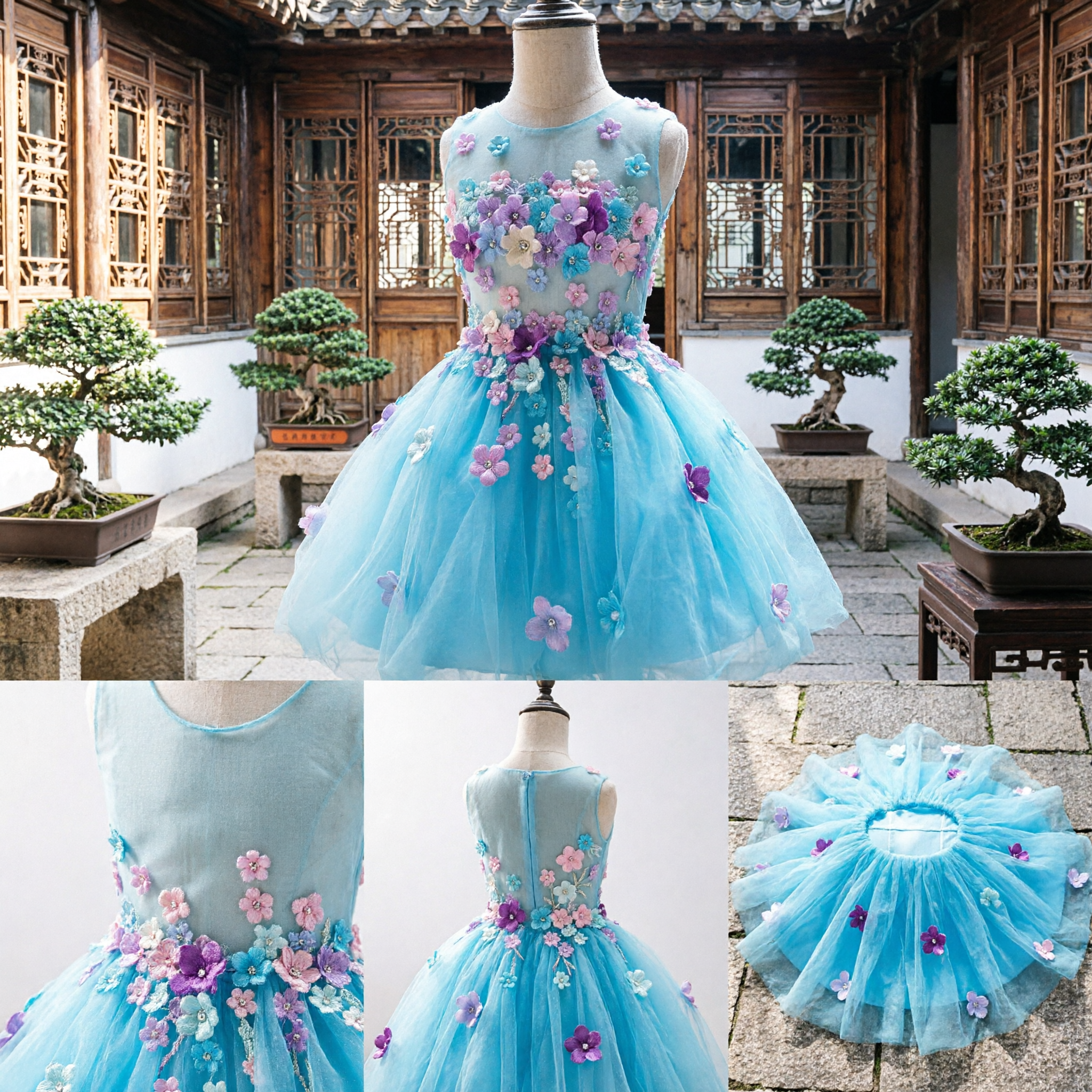 Girls Blue Princess Dress 3D Floral Applique Tulle Tutu Gown for Wedding Party Birthday