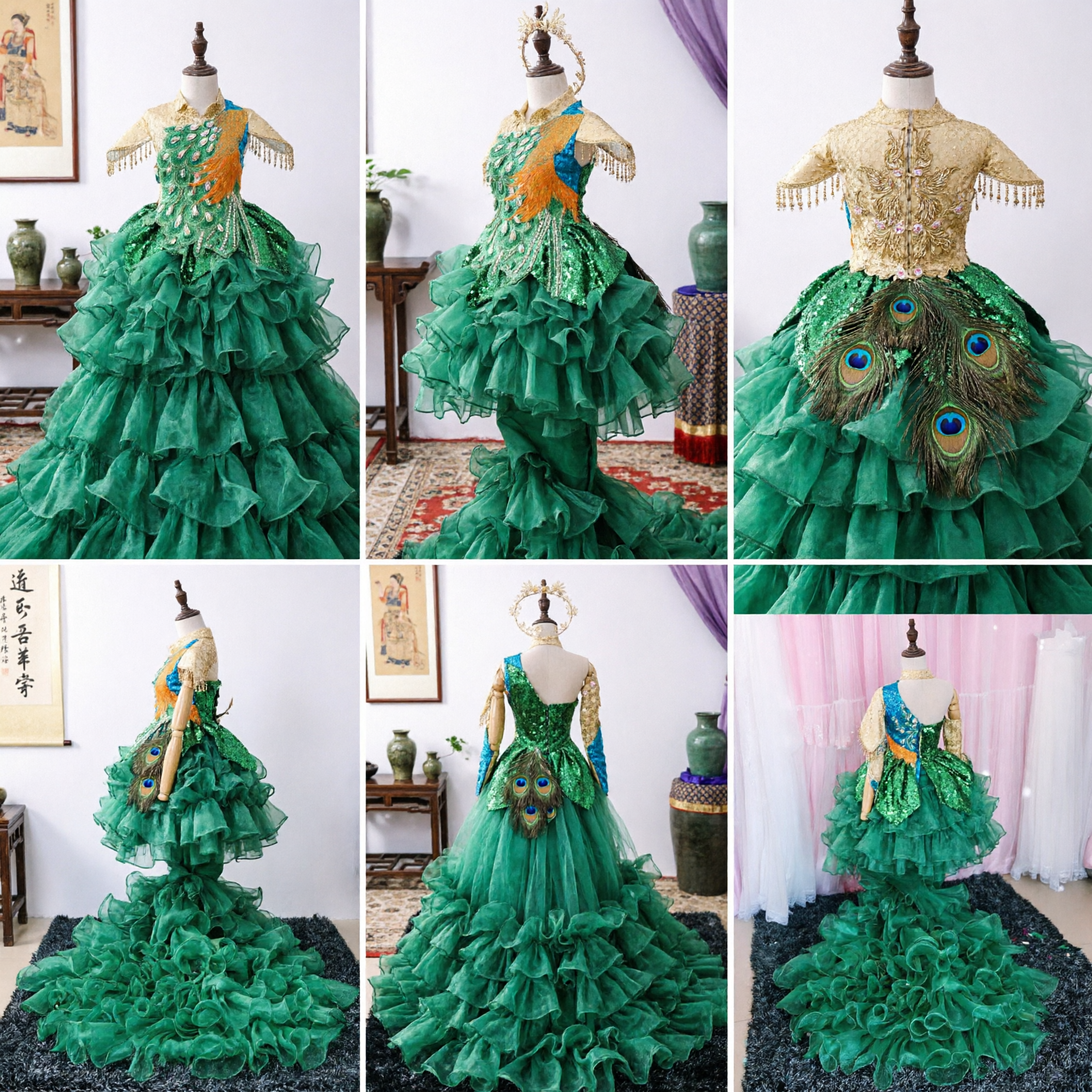 Exquisite Green Peacock Dance Costume Traditional Chinese Dai Ethnic Stage Performance Dress with Ruffled Train