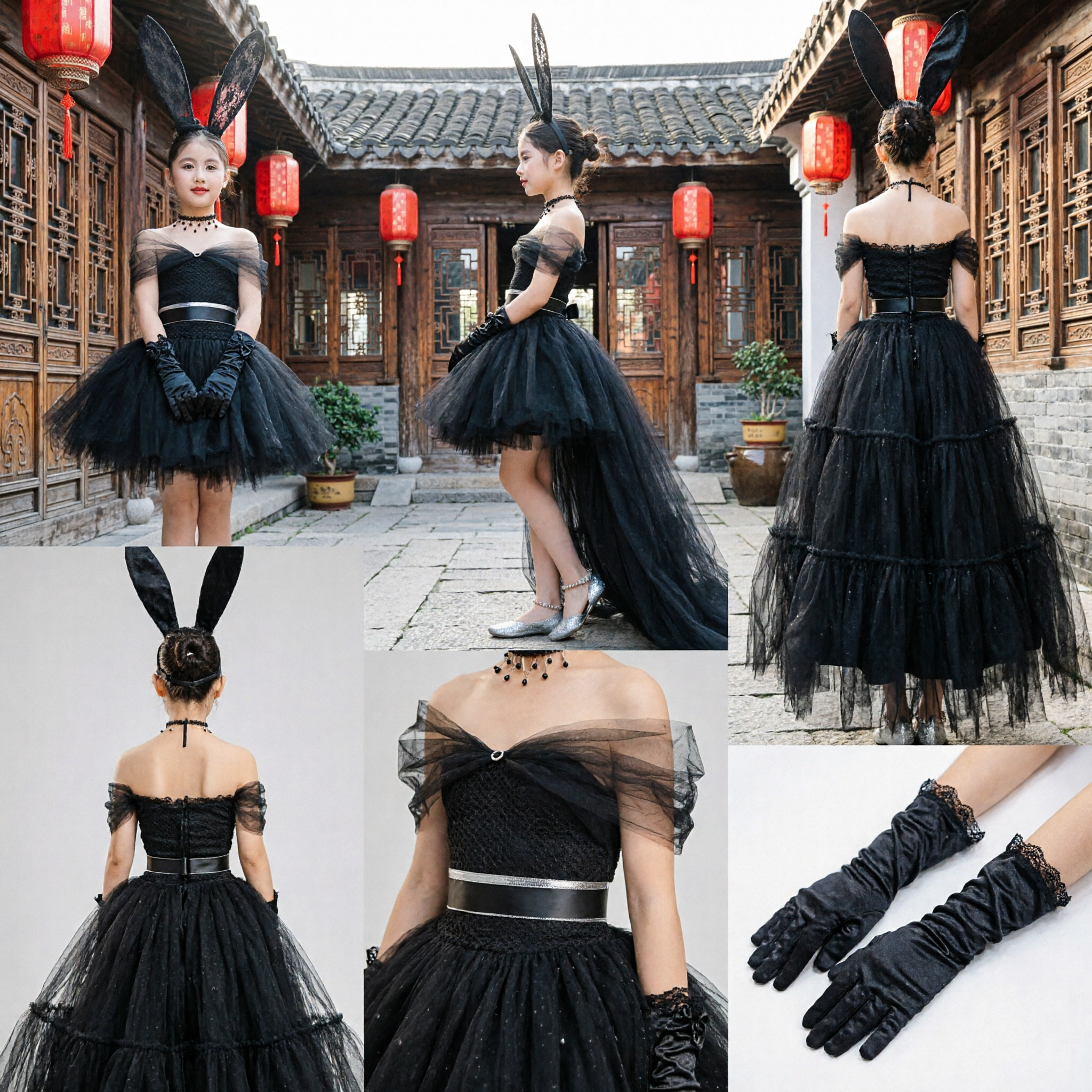 Elegant Black Bunny Girl Costume for Kids with Lace Ears and Tulle Gown for Stage Performance