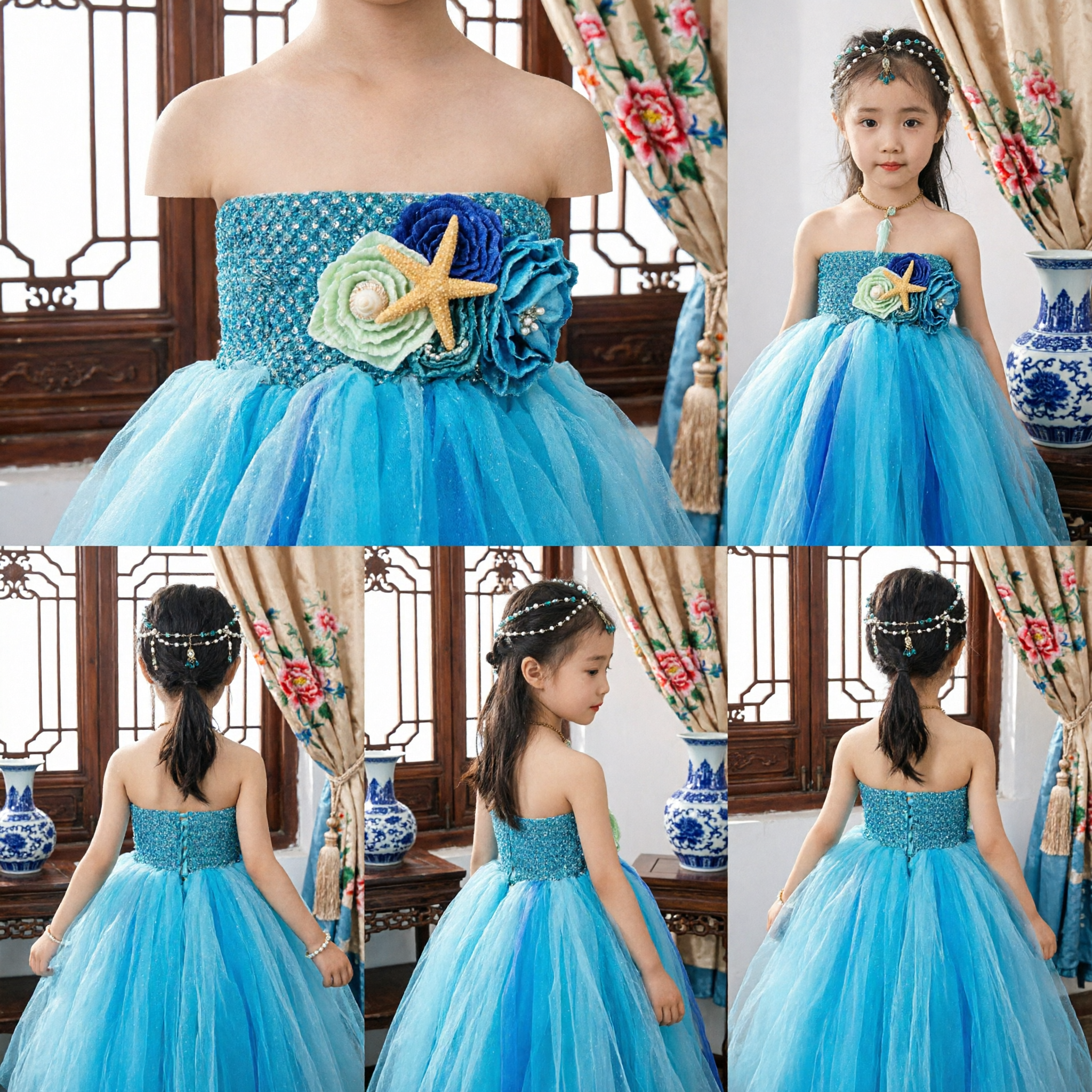 Kids Blue Mermaid Princess Ball Gown Tulle Dress with Shell for Stage Performance Wedding