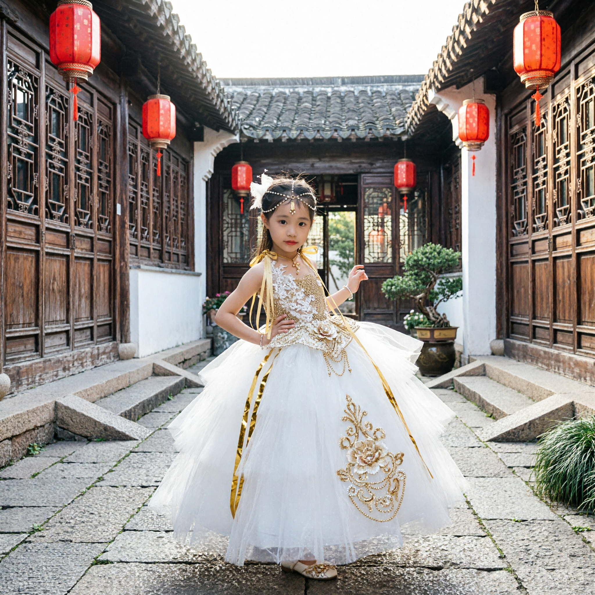 Girls Gold Sequin Bodice White Tulle Ballgown Princess Dress for Wedding Flower Girl Performance