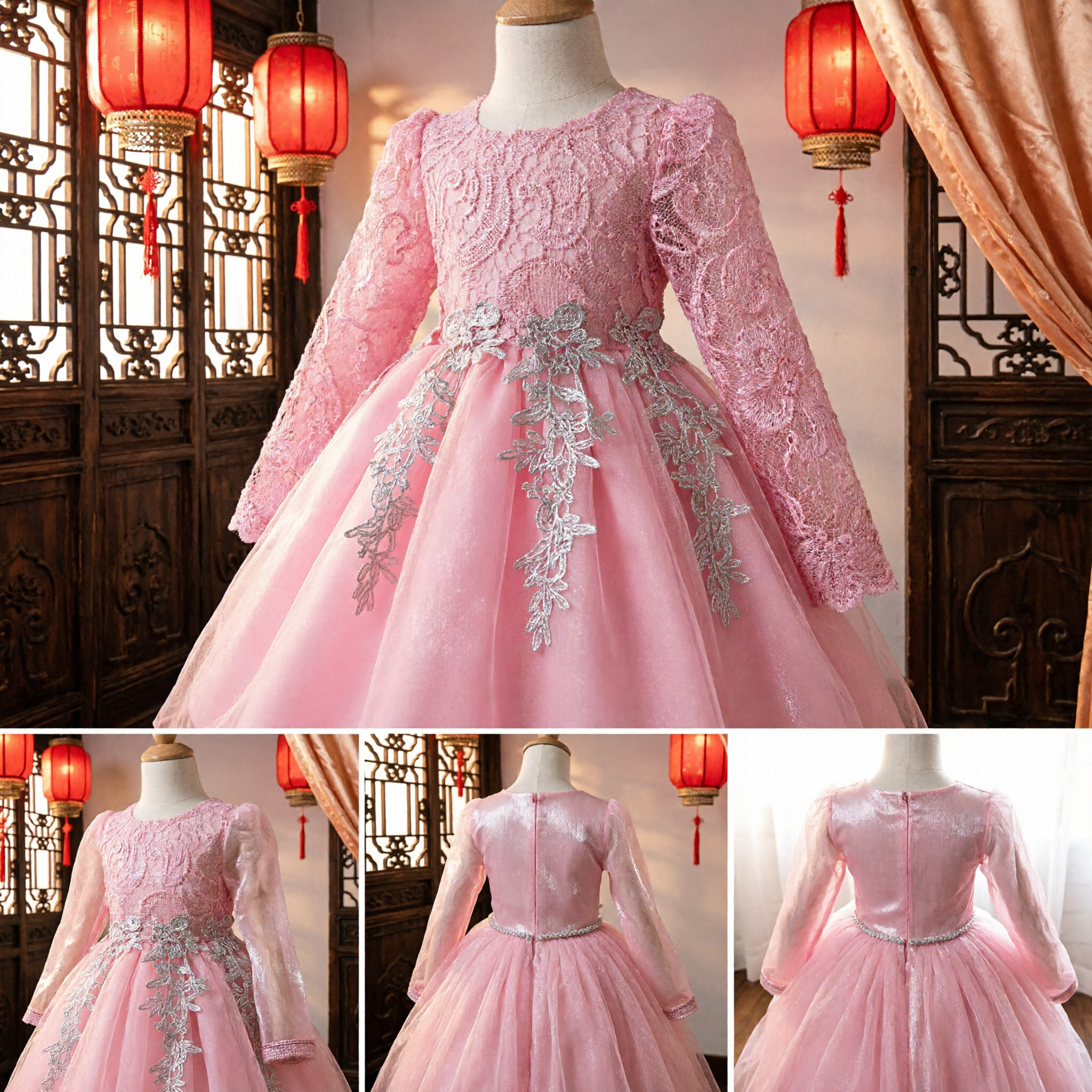 Pink Lace Applique Long Sleeve Flower Girl Dress for Wedding Party Pageant Toddler Kids Formal Ballgown