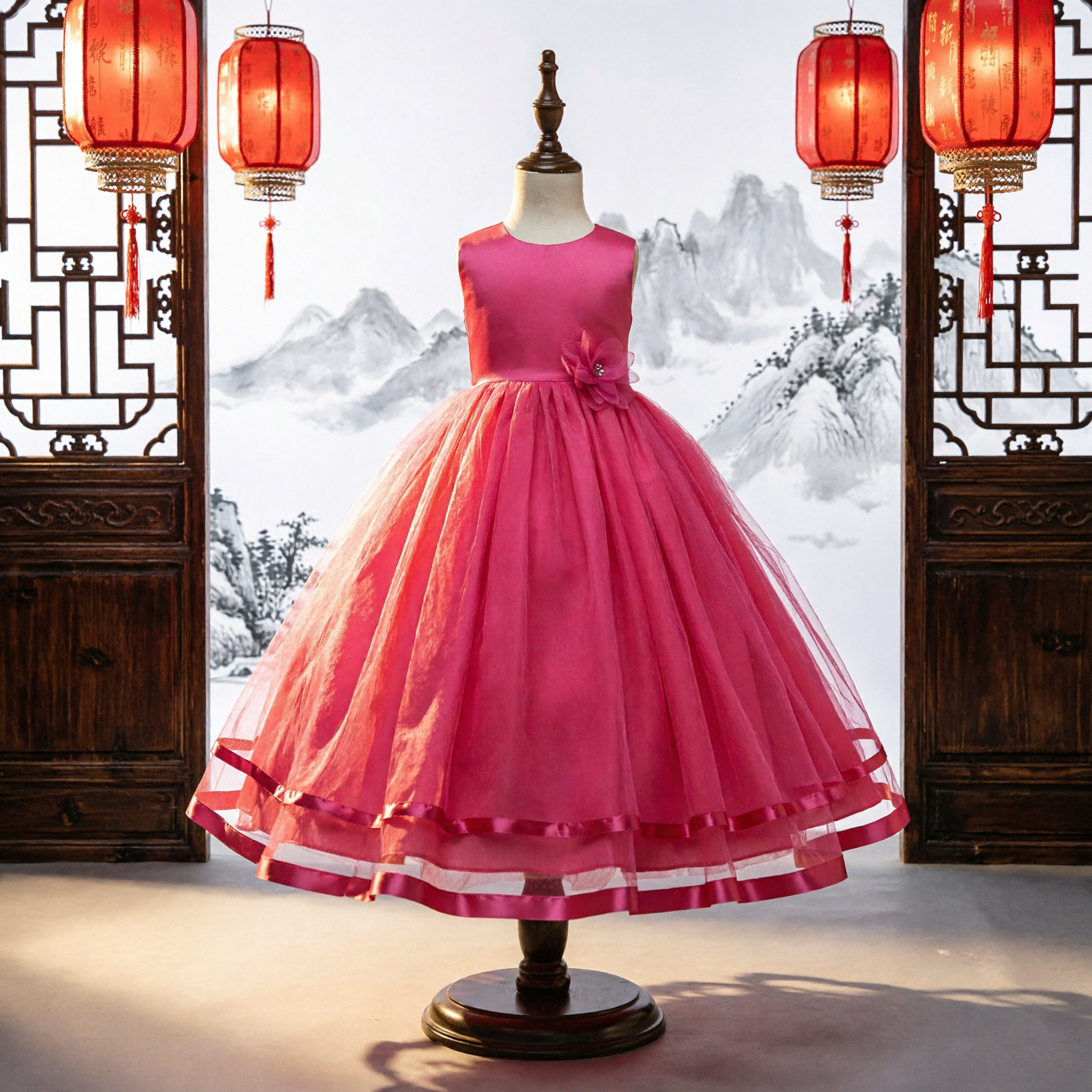 Kids Pink Tulle Ballgown Dress Sleeveless Flower Girl Wedding Party Pageant Gown for Girls