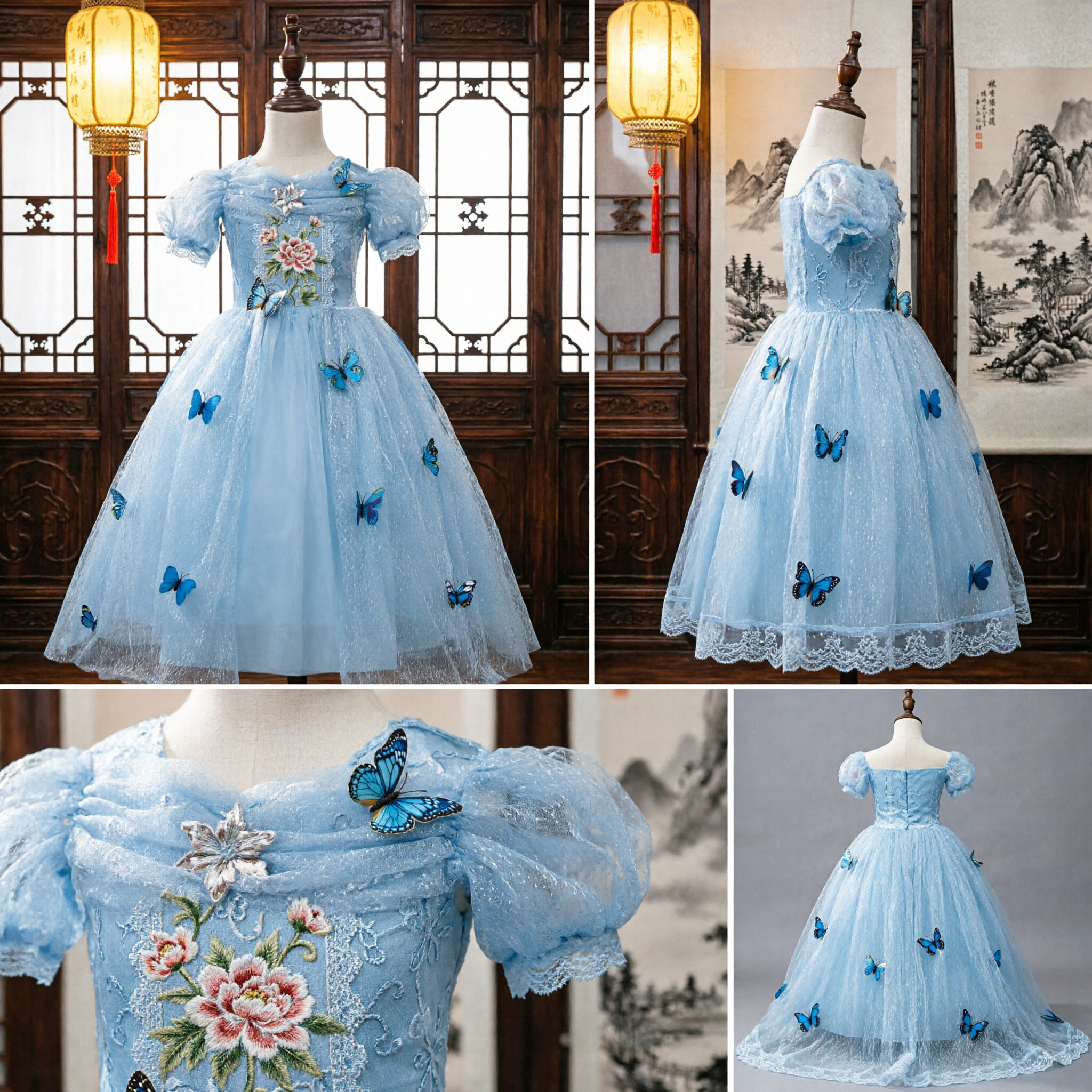 Girls Blue Princess Dress Cinderella Butterfly Cosplay Costume Kids Tulle Ball Gown for Birthday Parties