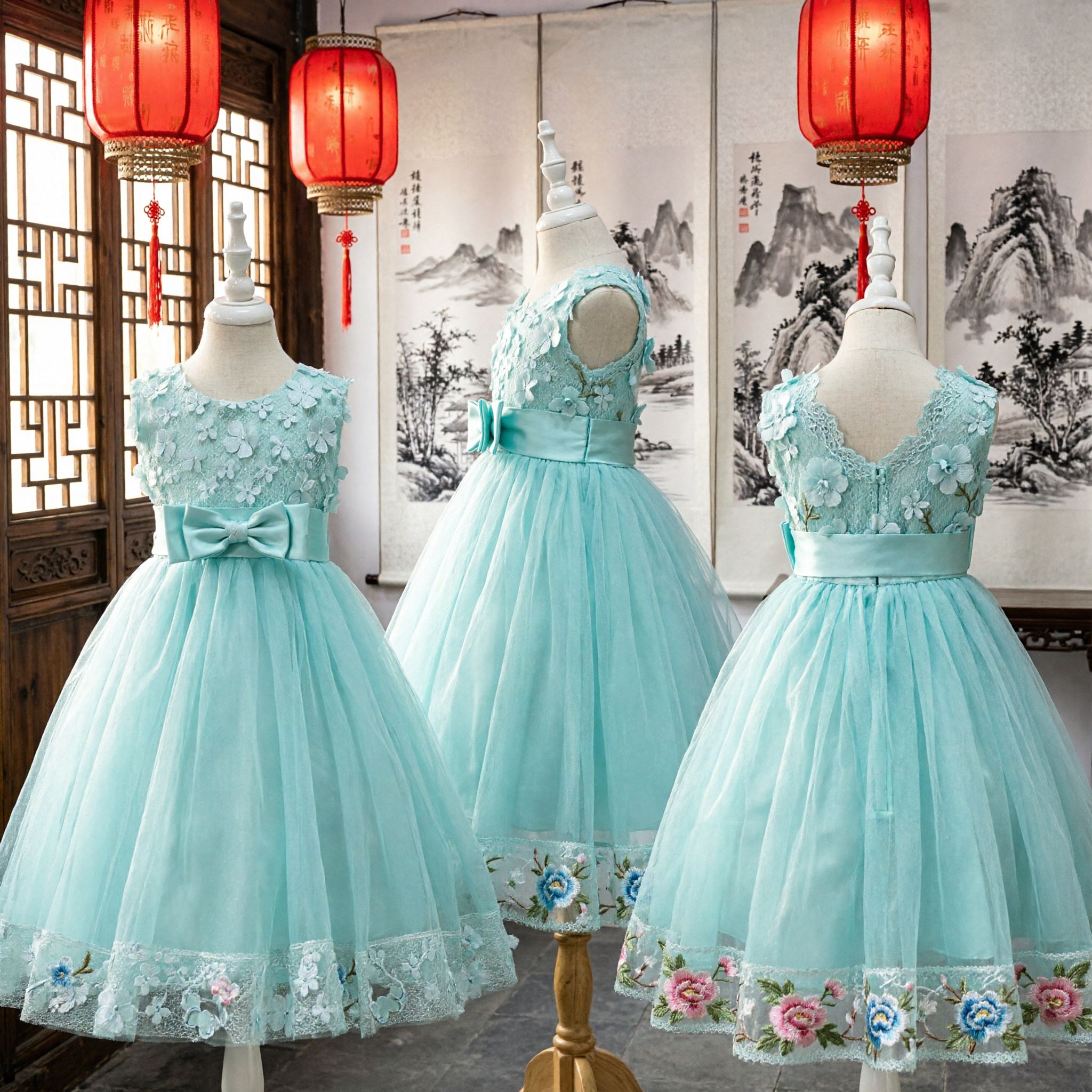 Elegant Girls Aqua Blue Flower Girl Dress Sleeveless Floral Bodice Bow Waist Tulle Skirt for Wedding