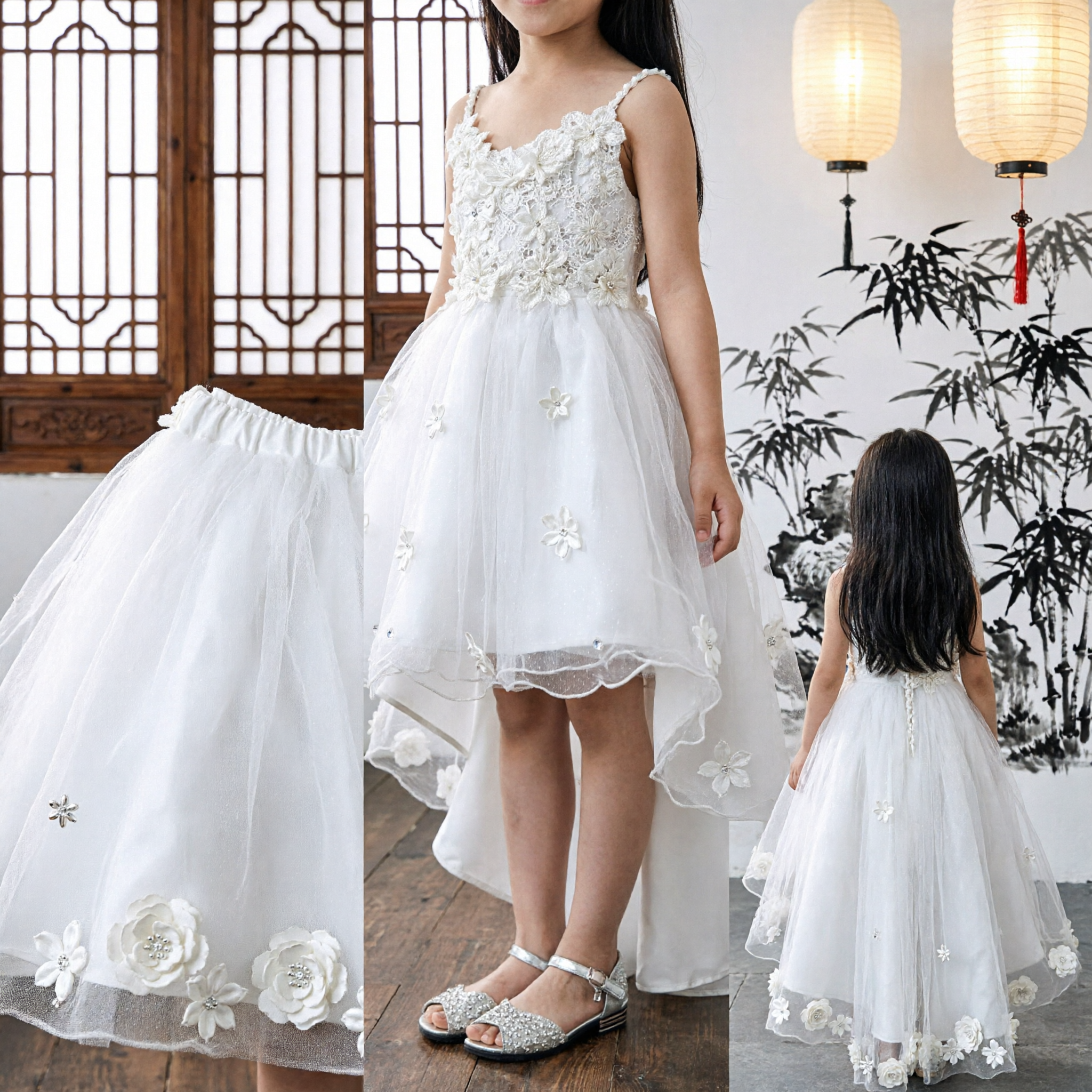 Elegant White Tulle Flower Girl Dress with 3D Flowers for Wedding First Communion Birthday Party
