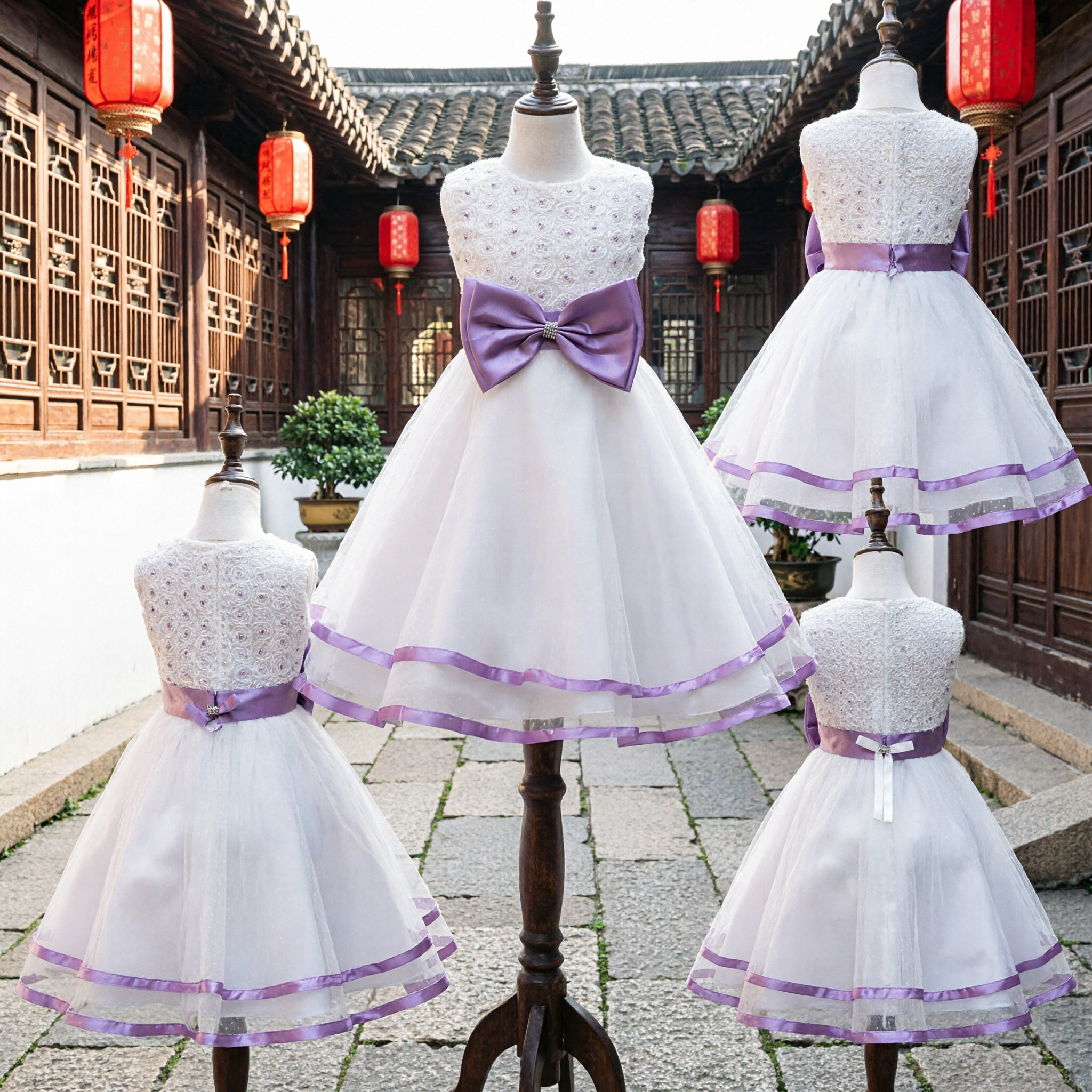 Elegant White Flower Girl Dress with Large Purple Bow and Lace Bodice for Weddings and Parties