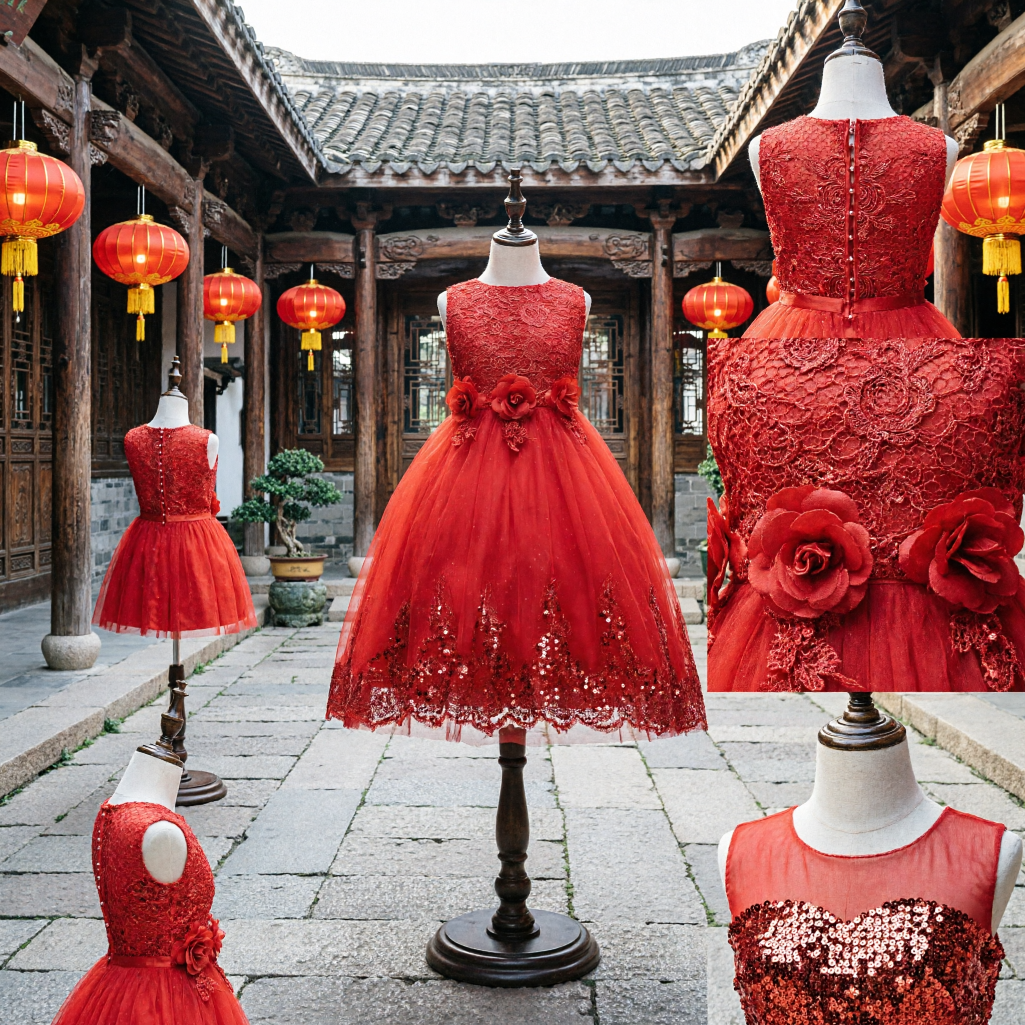 Sleeveless Red Lace Princess Dress for Girls Kids Wedding Flower Girl Party Formal Tulle Gown