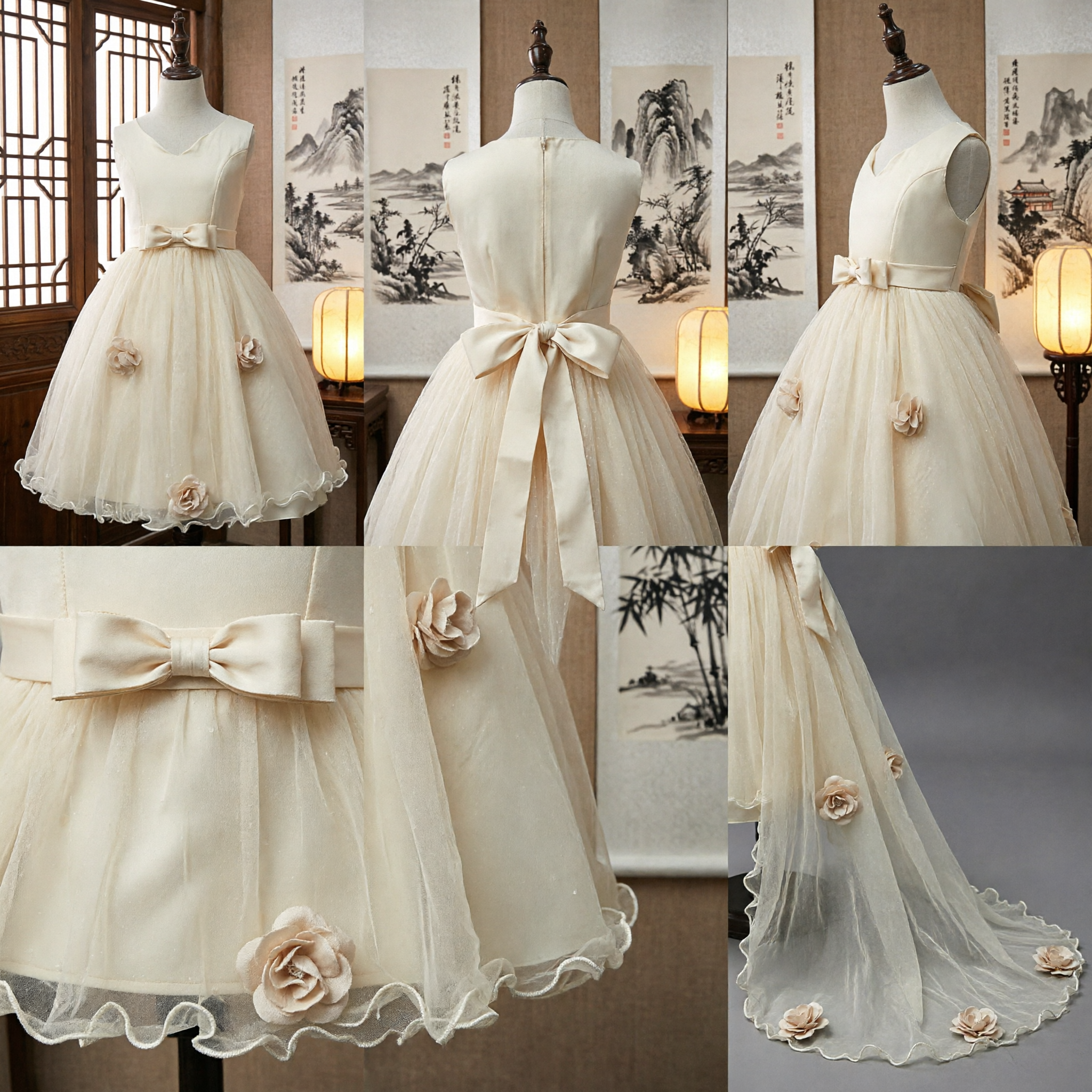 Elegant Ivory Flower Girl Dress with Satin Bow and Tulle Skirt Long Train for Wedding Party