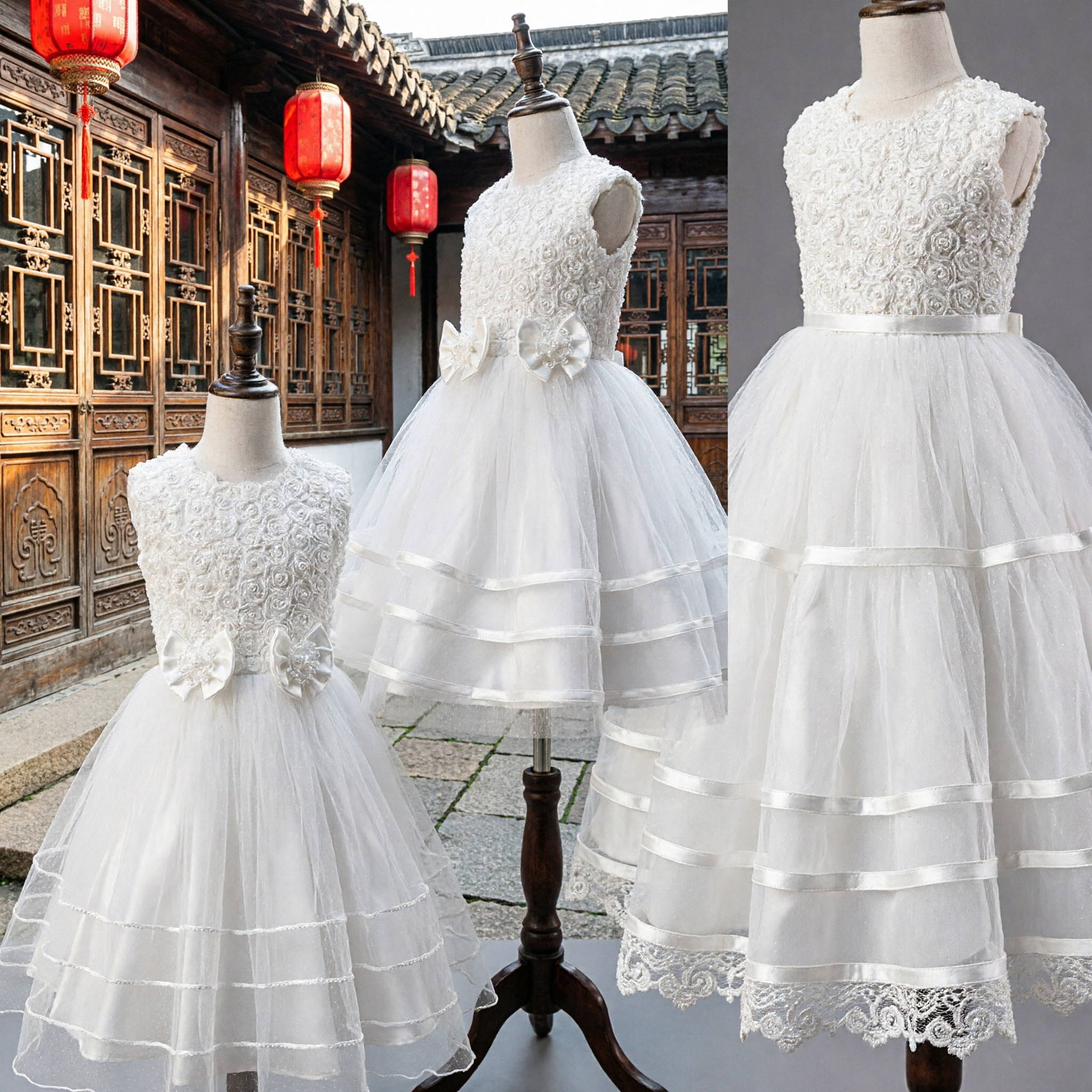 Kids Girls White Rosette Flower Girl Dress Sleeveless Tulle Ball Gown for Wedding Communion Party