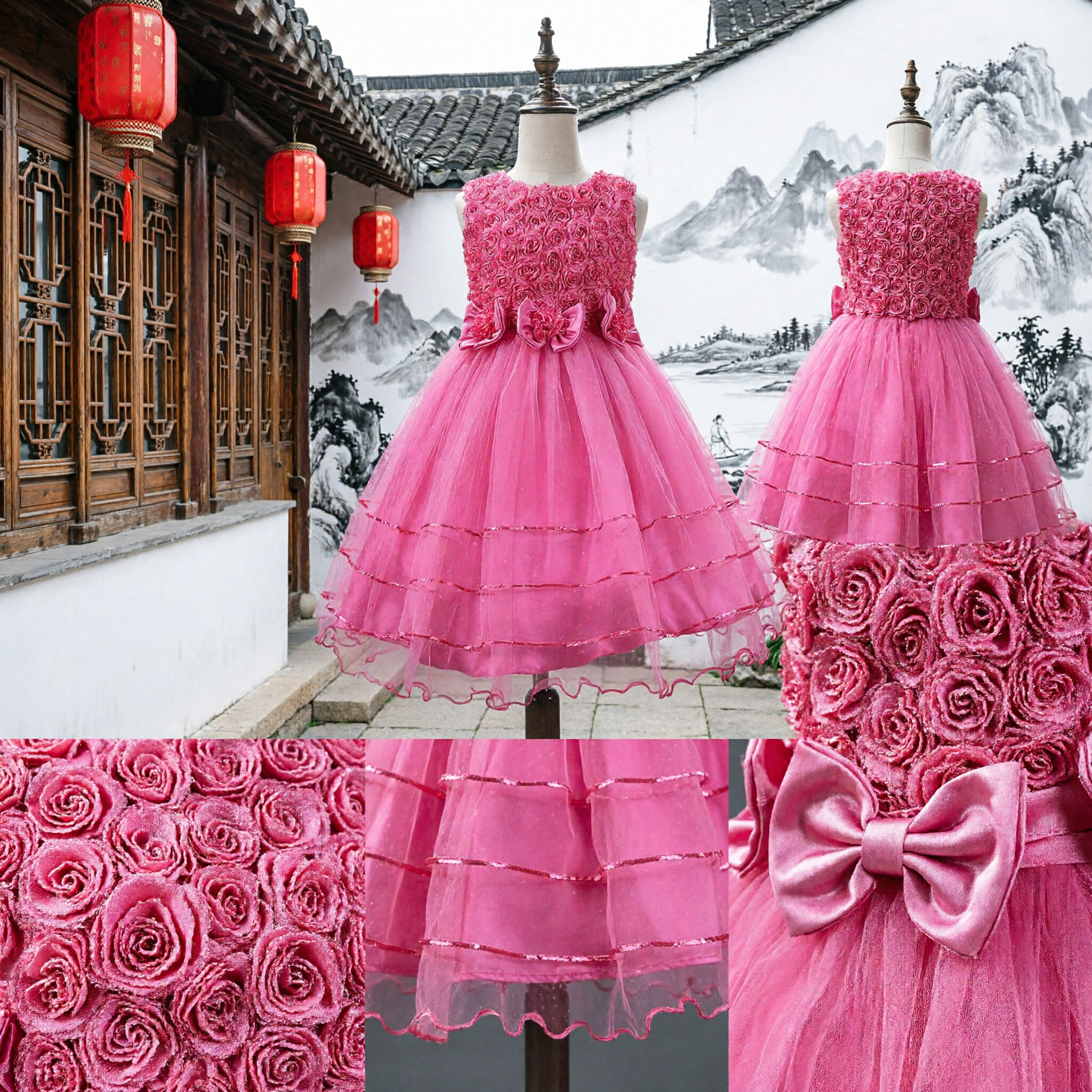 Girls Hot Pink Rosette Bodice Tulle Dress Sleeveless Flower Girl Gown for Wedding Party Birthday Formal Occasion