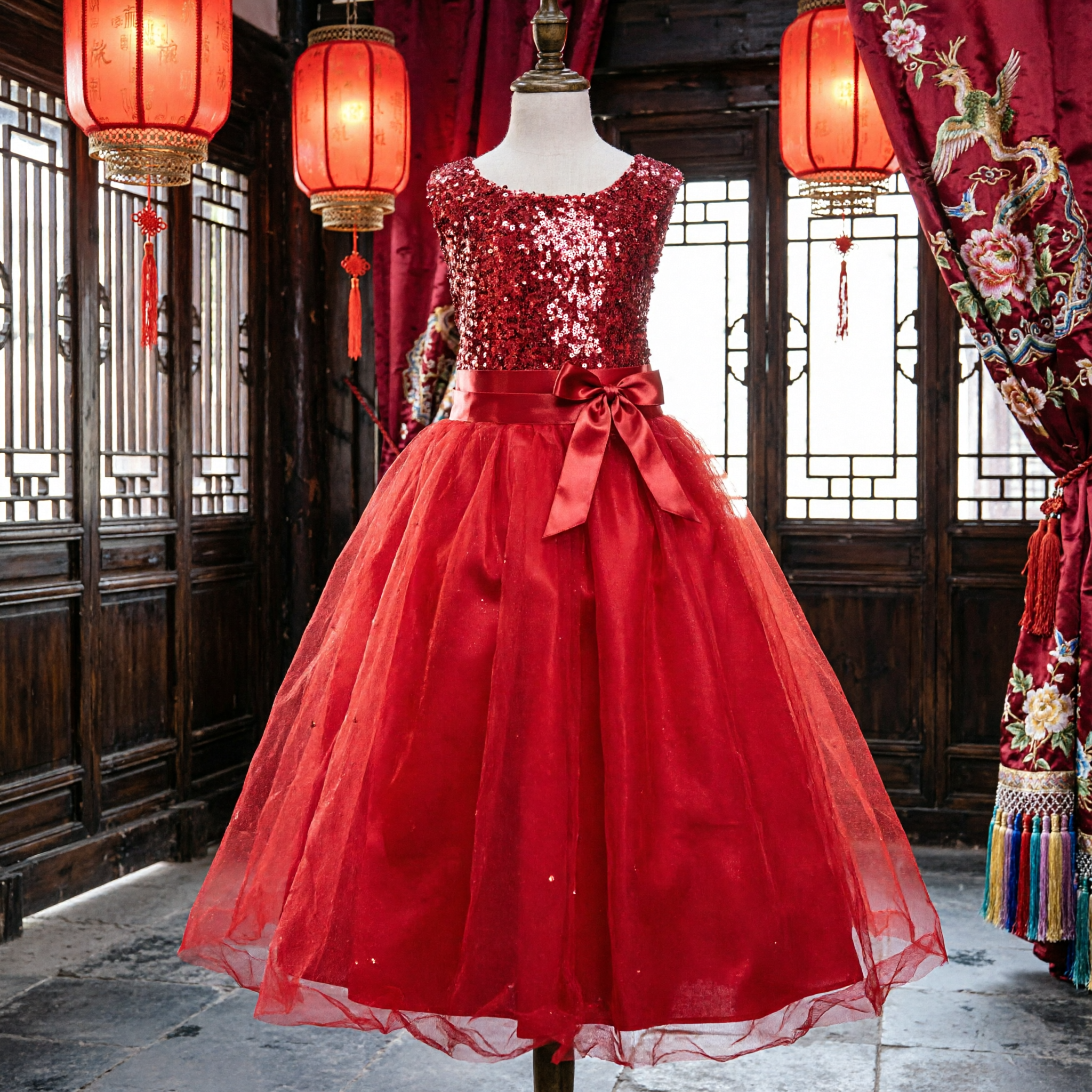 Elegant Red Sequin Flower Girl Dress Long Tulle Ballgown for Kids Wedding Party Formal Gown