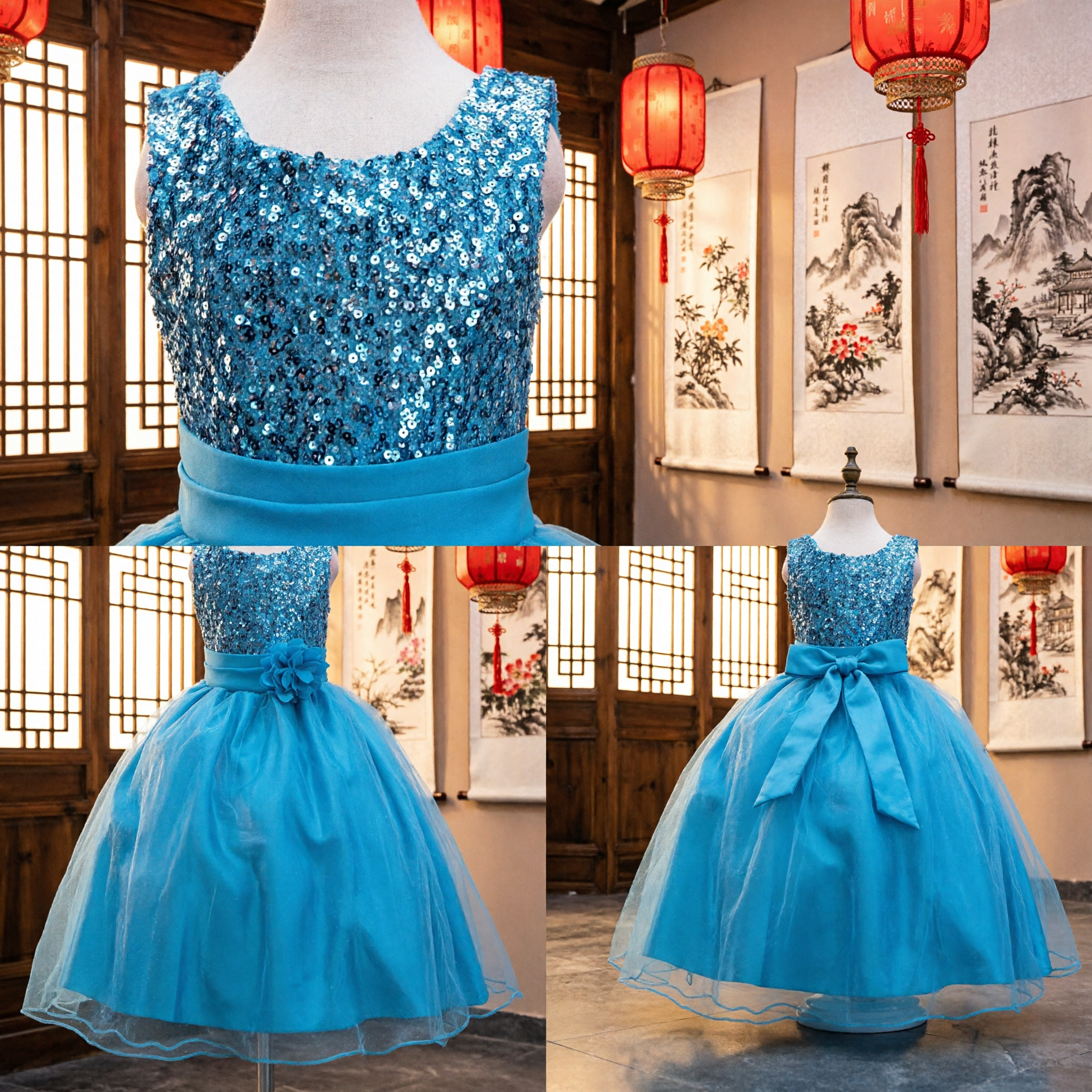 Girls Blue Sequin Tulle Flower Girl Dress Wedding Party Pageant Ball Gown with Floral Sash