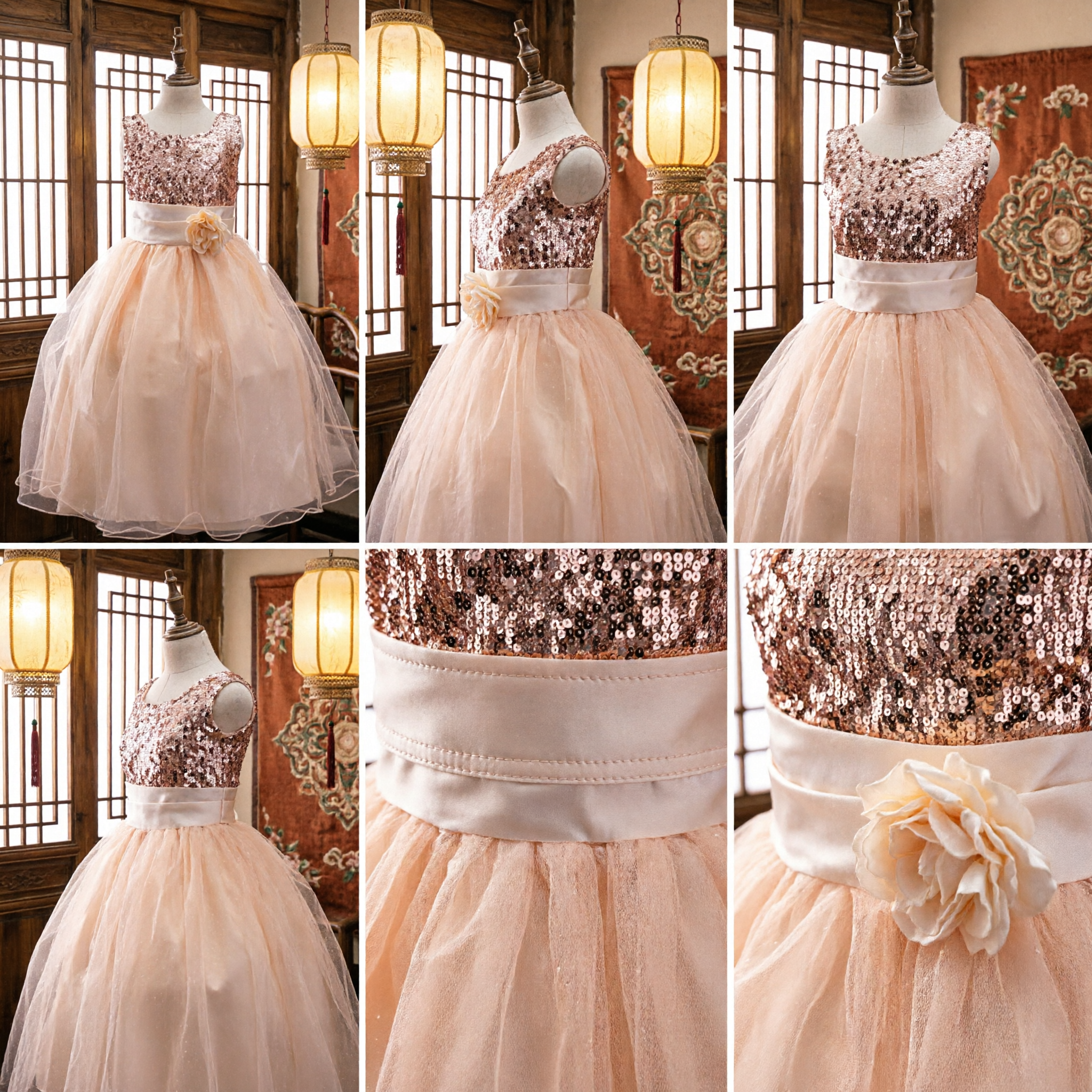 Elegant Champagne Sequin Flower Girl Dress Kids Tulle Ballgown for Wedding Party Pageant