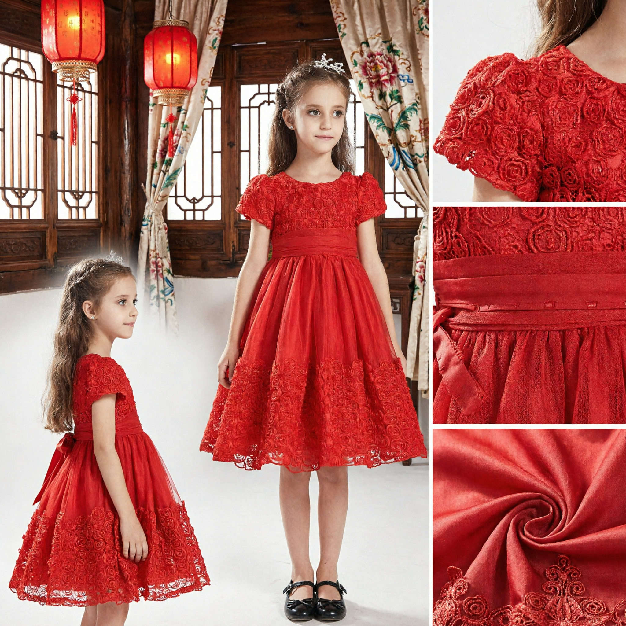 Elegant Red Rose Lace Dress for Girls Short Sleeve Formal Party Wedding Flower Girl Gown