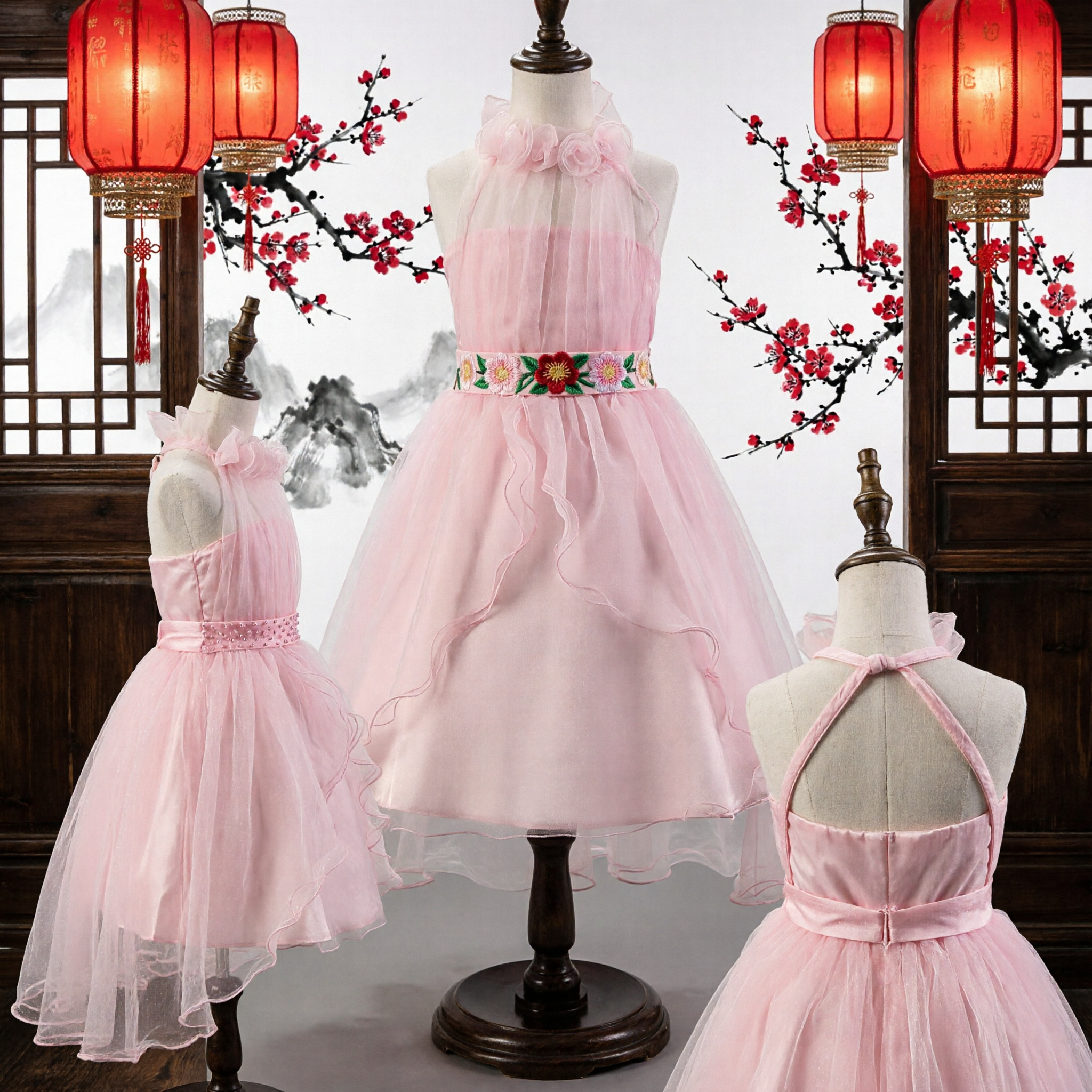 Baby Pink Halter Neck Tulle Flower Girl Dress Elegant Wedding Party Formal Gown for Kids