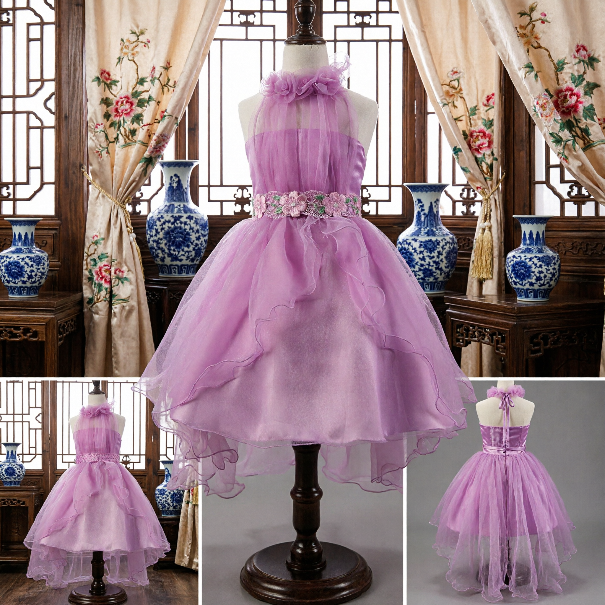 Girls Purple Halter Neck Flower Girl Dress Ruffled Tulle Skirt Formal Wedding Pageant Party Gown
