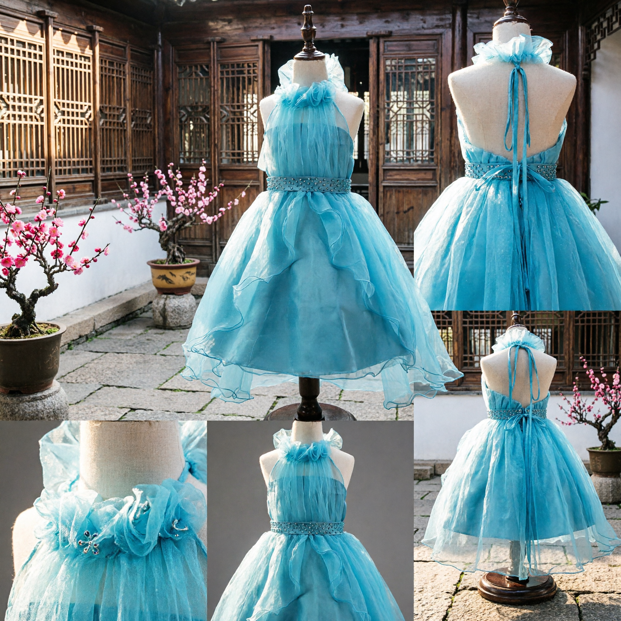 Elegant Blue Ruffled Halter Tulle Dress for Girls Kids Flower Girl Wedding Party Formal Gown