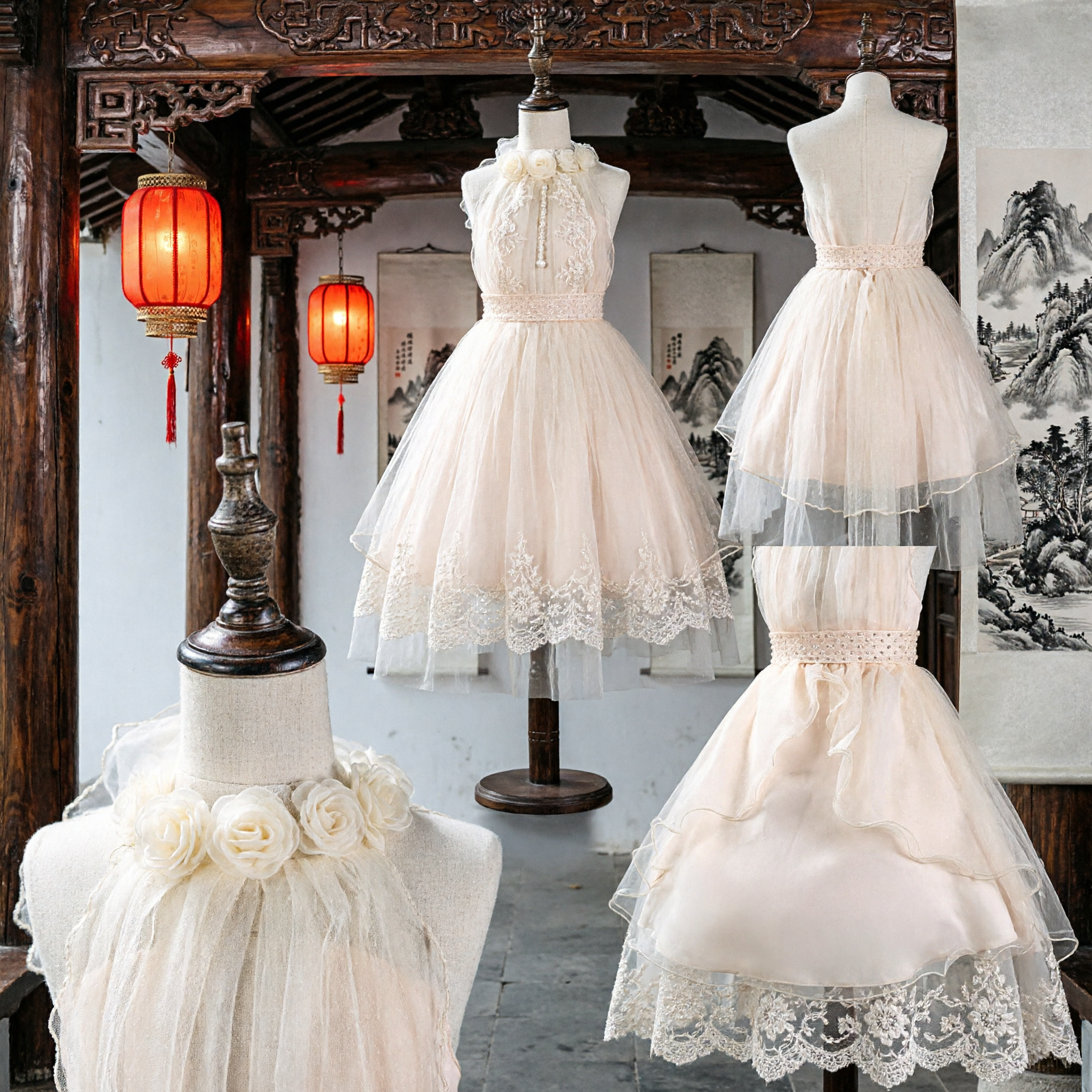 Elegant Ivory Flower Girl Dress Sleeveless Tulle Wedding Party Gown for Kids with Beaded Sash