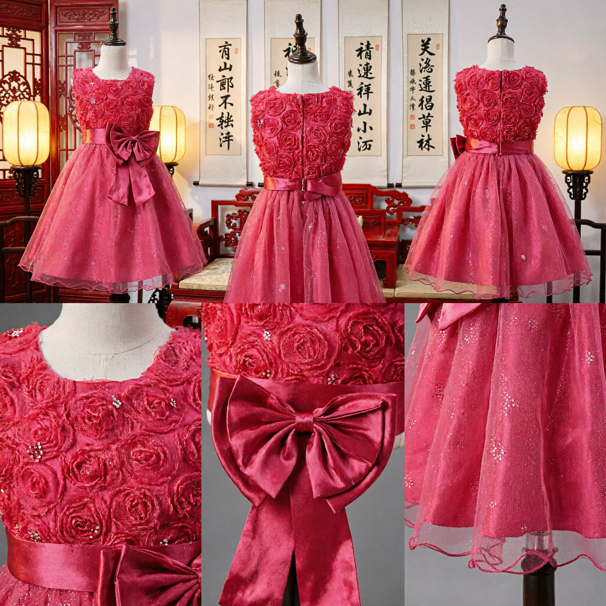 Girls Hot Pink Flower Girl Dress Sleeveless 3D Rosette Bodice with Glitter Tulle Skirt and Large Bow