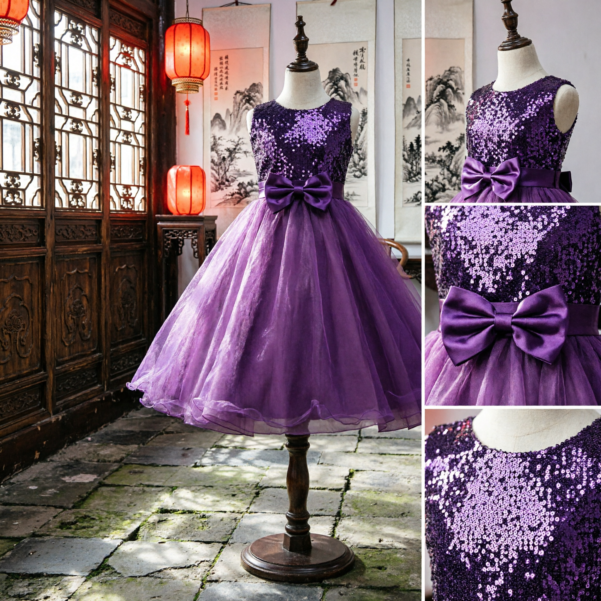 Little Girls Purple Sequin Dress Sleeveless Tulle Skirt Flower Girl Wedding Party Pageant Gown