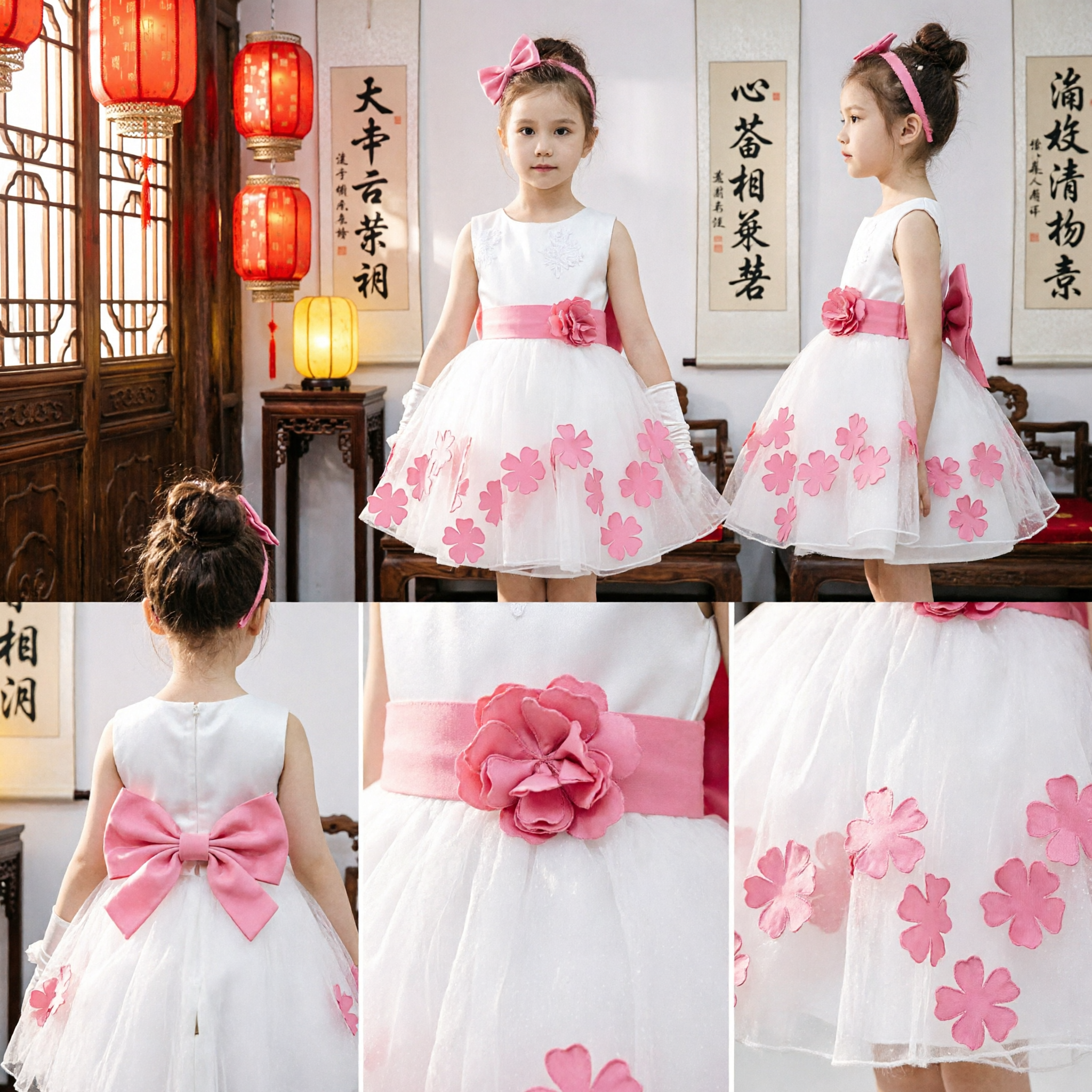 Girls White Flower Girl Dress with Pink Sash and Floral Appliques for Wedding Party Formal Events