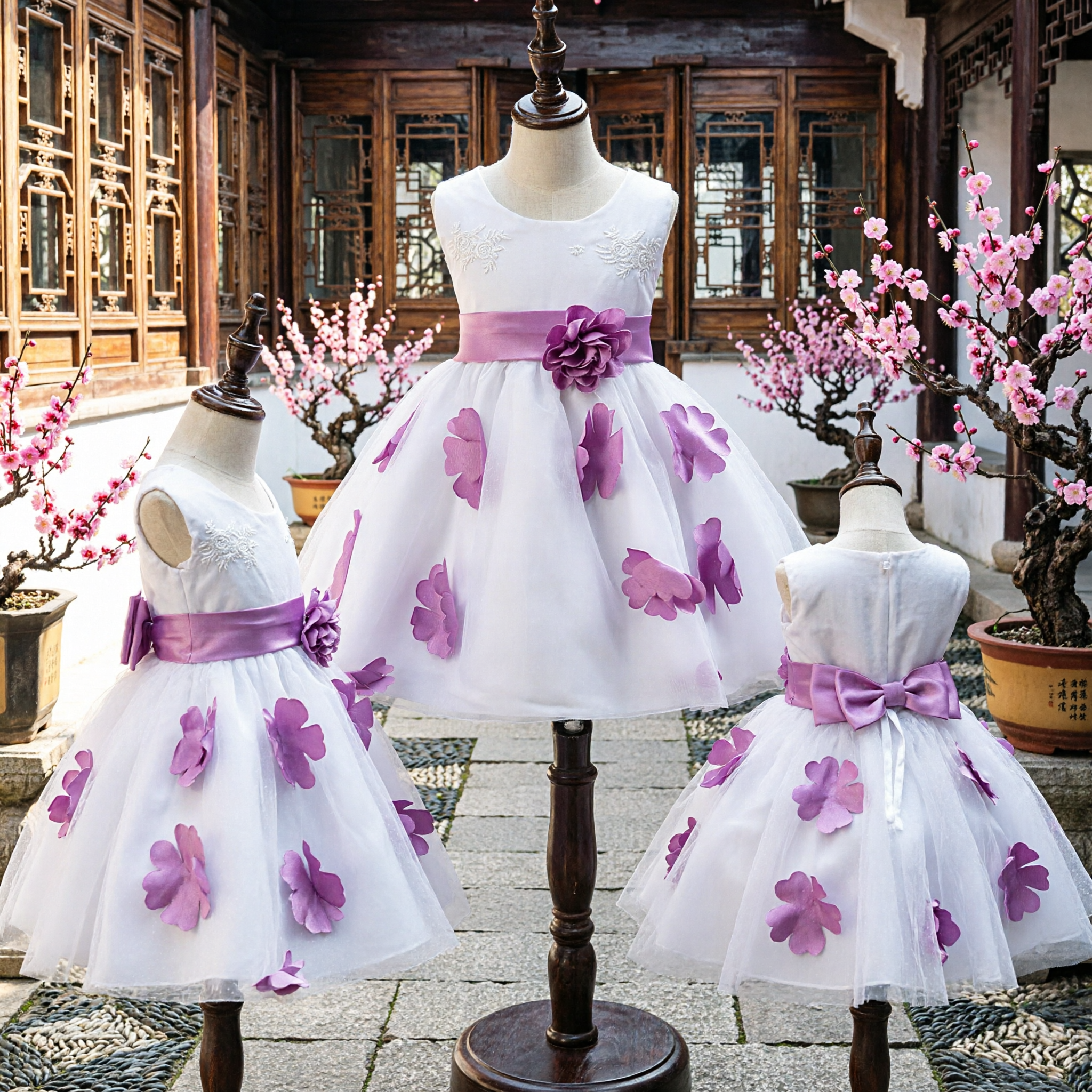Girls White Formal Dress Purple Flower Girl Wedding Party Gown with 3D Floral Appliques and Sash