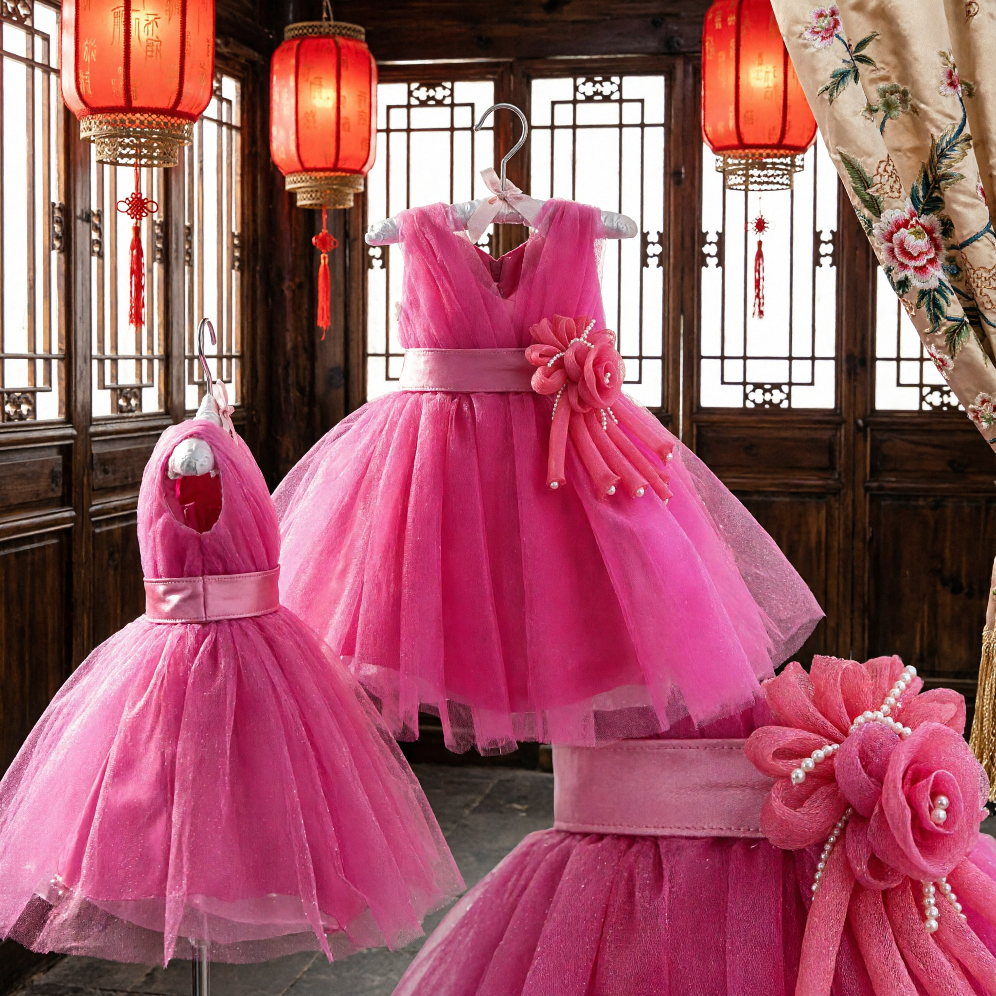 Hot Pink Sleeveless Tulle Flower Girl Dress for Kids Wedding Party Formal Occasion Gown