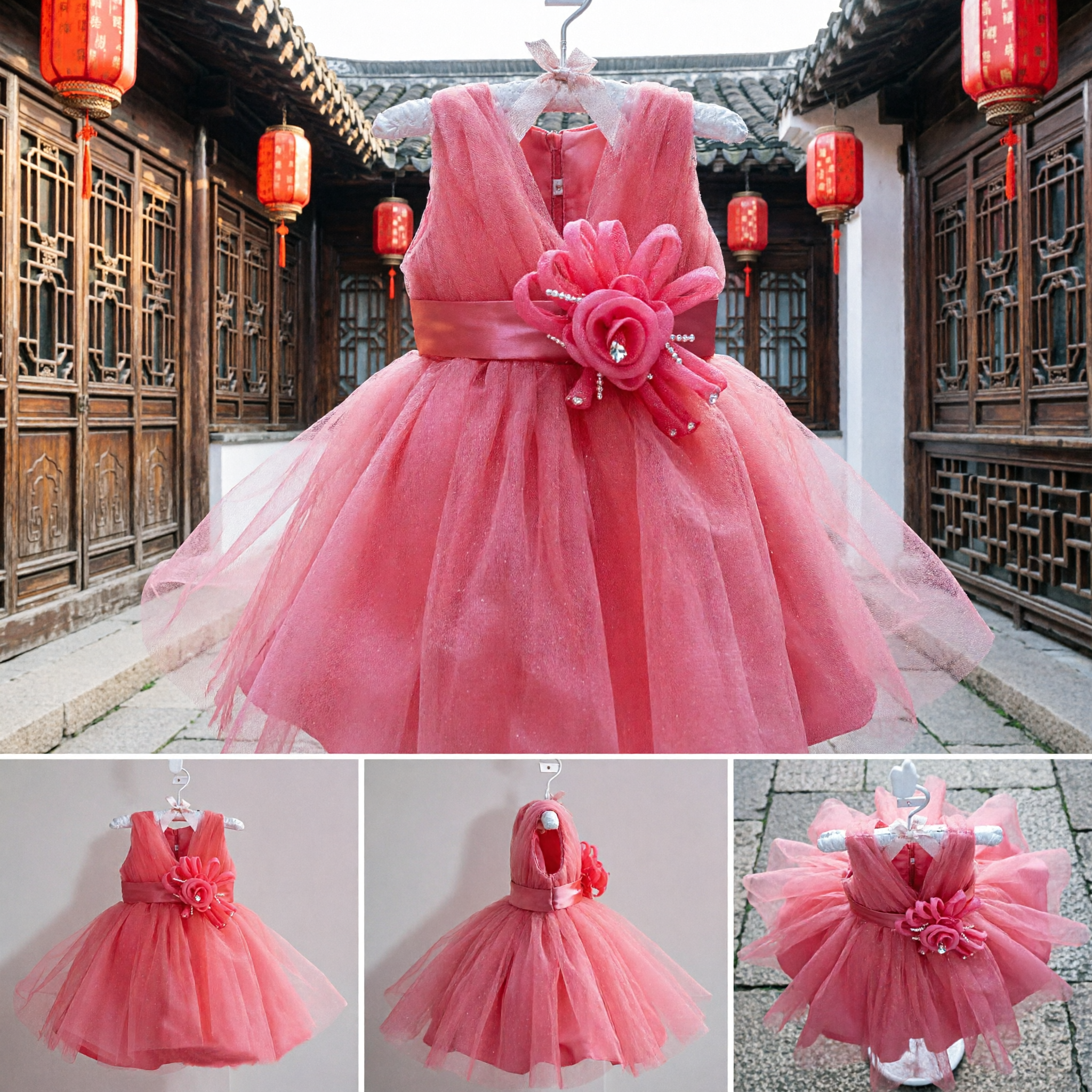 Sleeveless Pink Tulle Princess Dress for Baby Girls Floral Wedding Flower Girl Party Gown