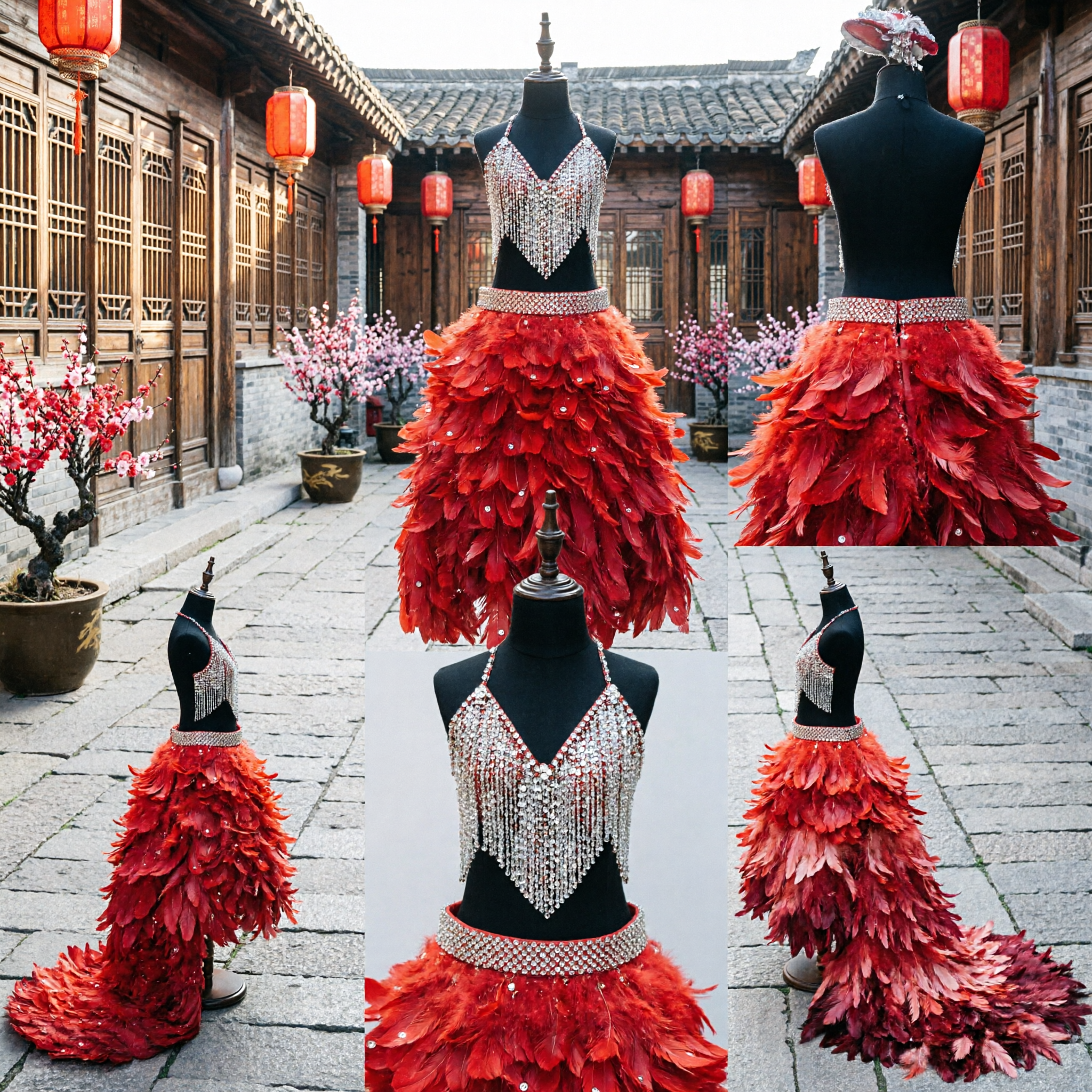 Women's Red Feather Showgirl Costume with Silver Sequin Bodice and Long Train for Carnival Stage Performance