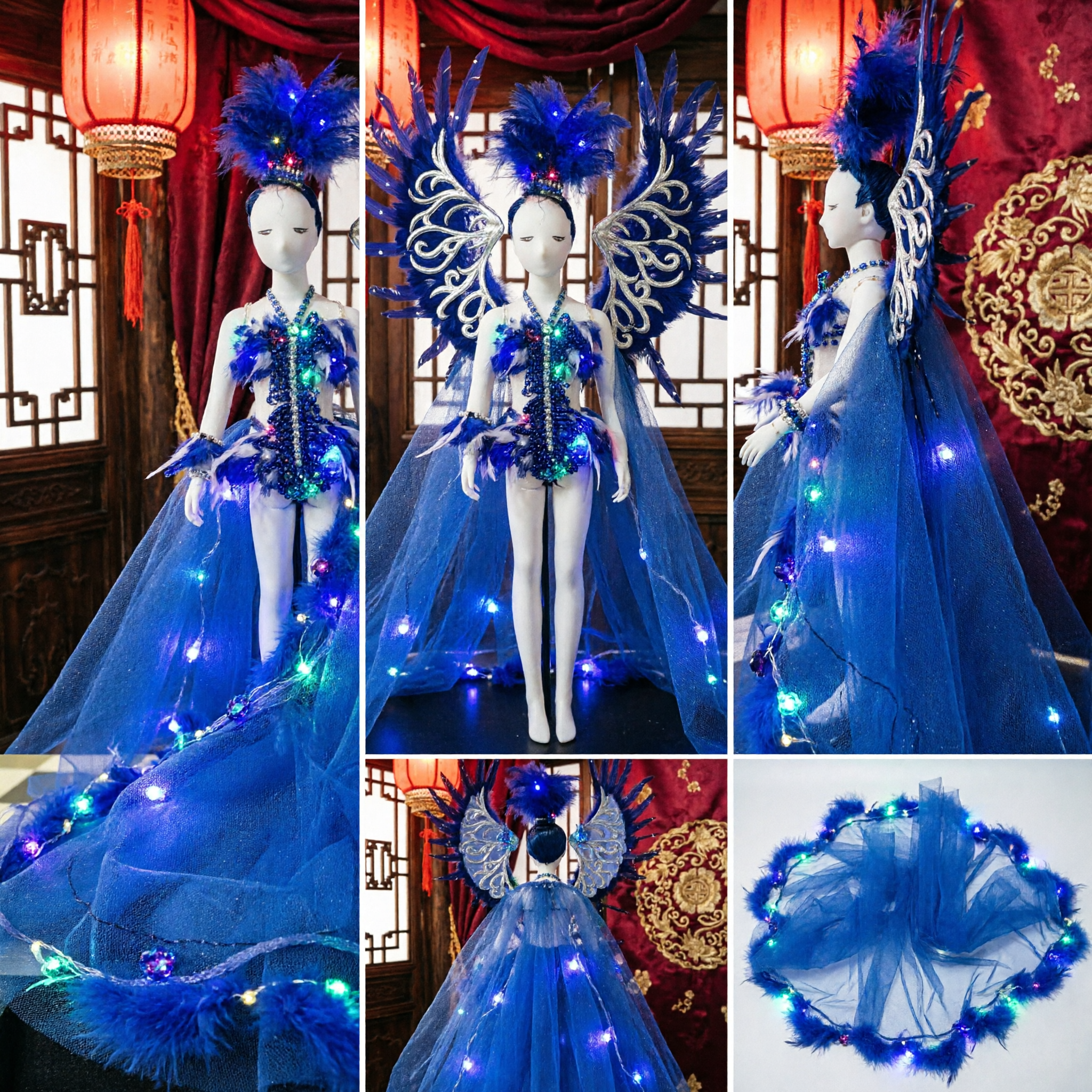 Royal Blue Fantasy Queen Showgirl Costume with Feather Wings and LED Lights for Carnival Parade Performance