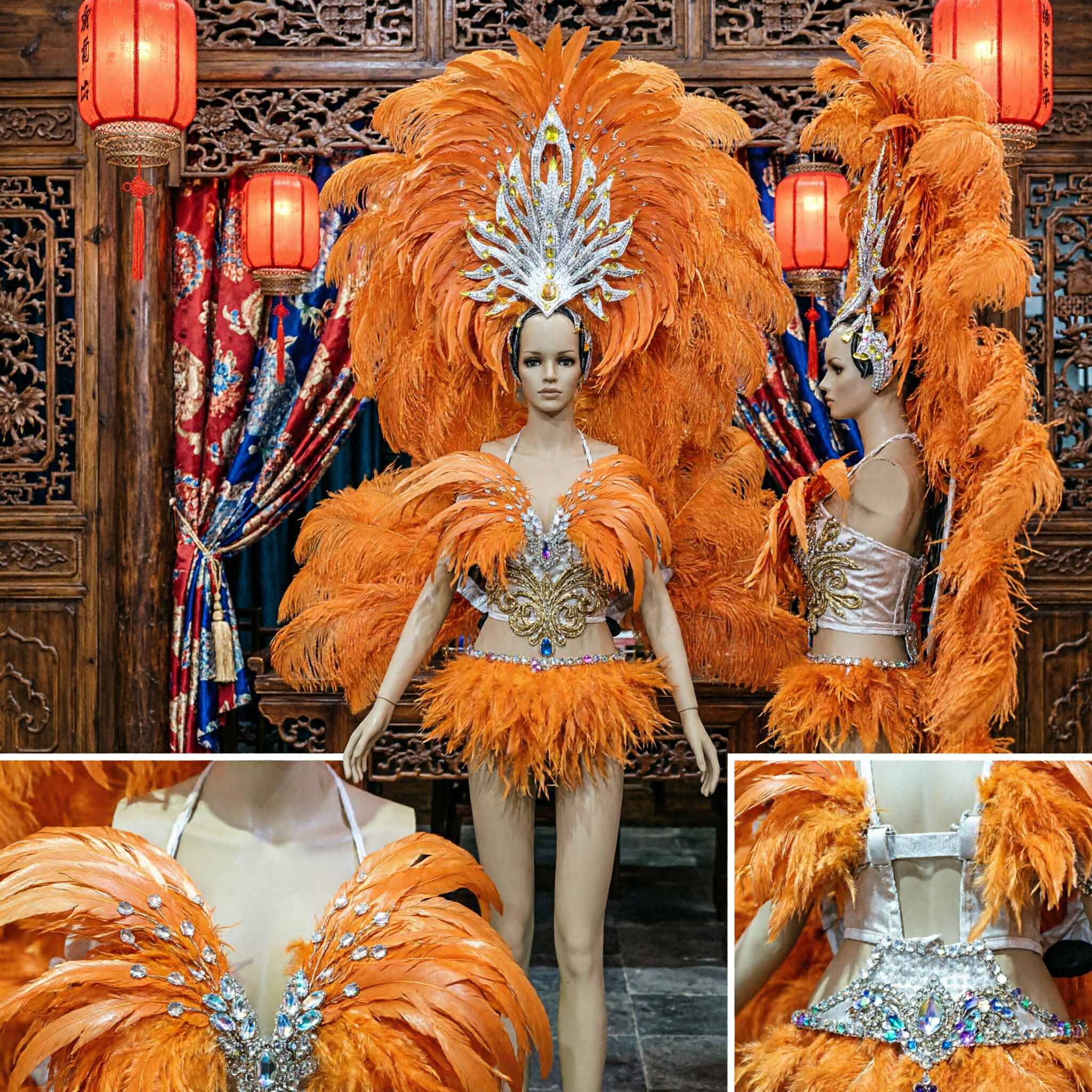 Women's Orange Feather Carnival Costume Set with Jeweled Headdress for Samba Dance Showgirl Performance