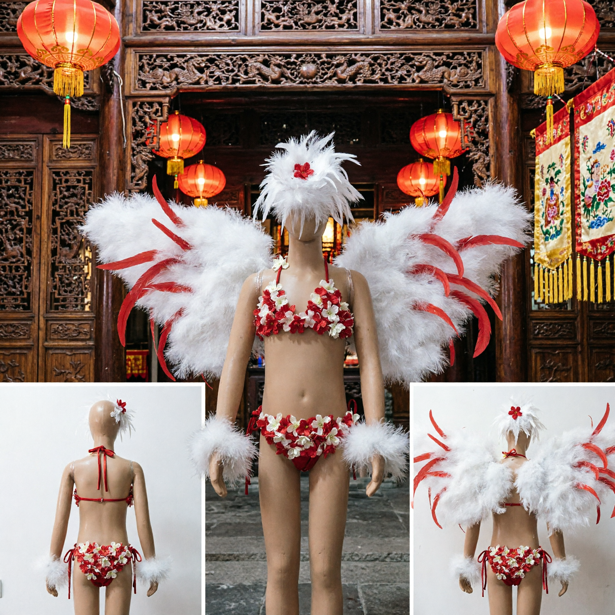 Red White Feather Wings Samba Carnival Costume Bikini Set Women's Showgirl Outfit for Rio Festival Stage Performance