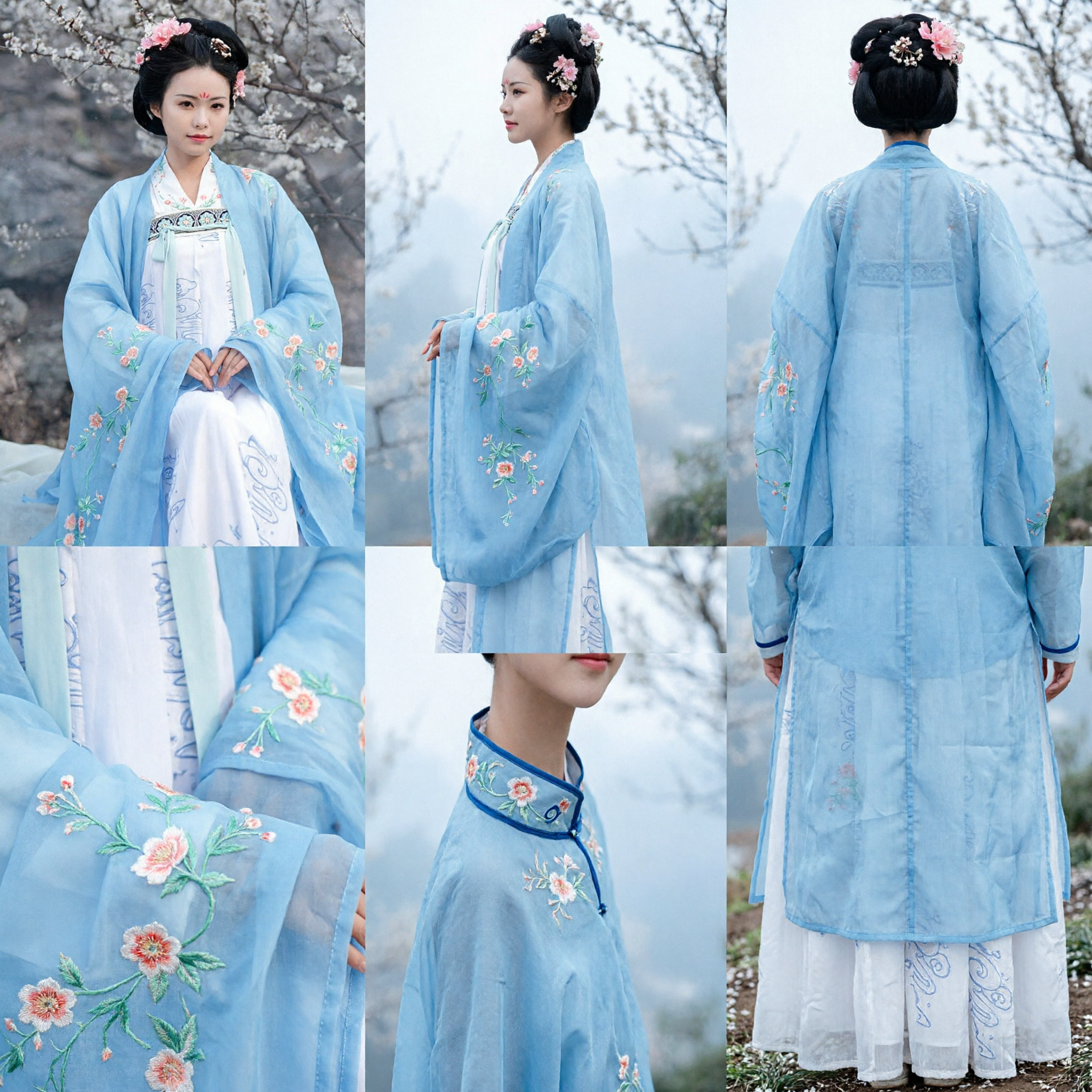Women's Blue Hanfu Traditional Chinese Ancient Costume Tang Dynasty Style Embroidered Dress for Photography and Cosplay