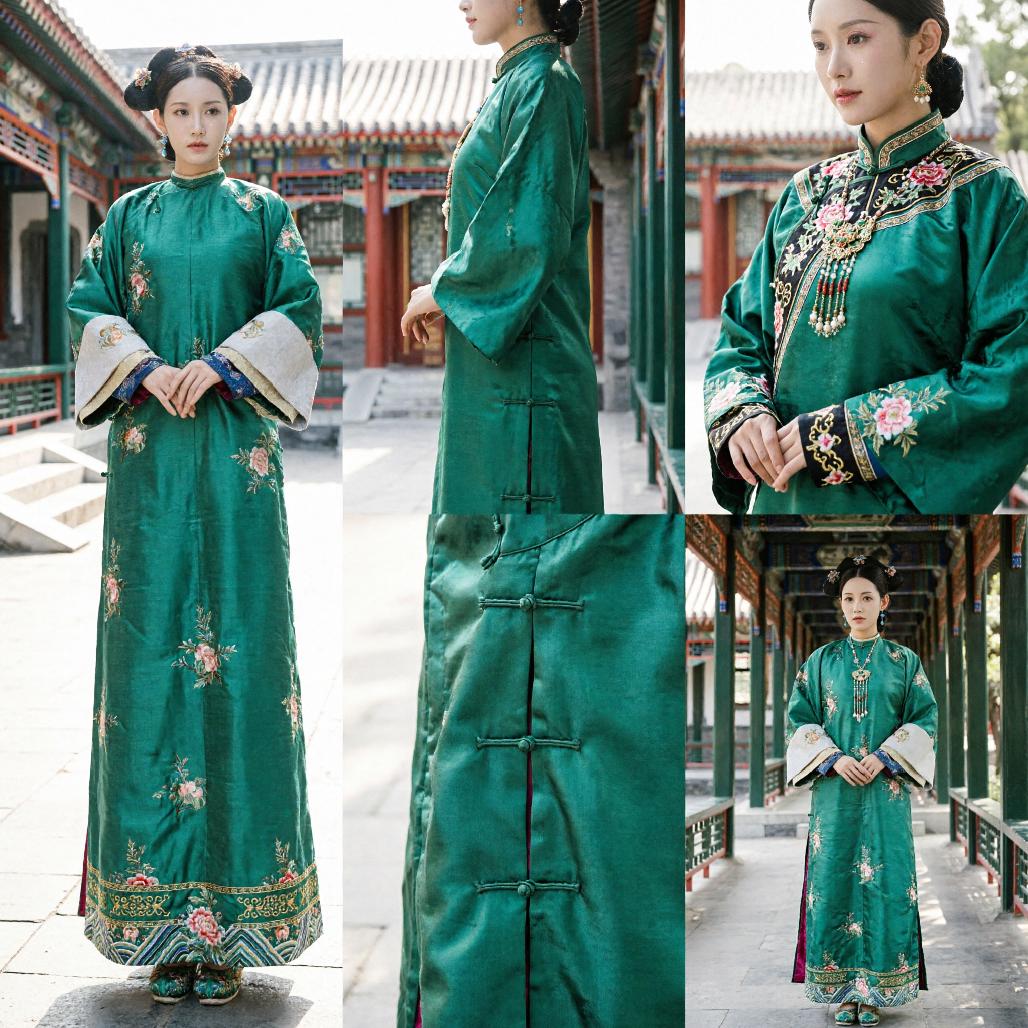 Women's Traditional Chinese Qing Dynasty Manchu Green Embroidered Robe Ancient Palace Costume for Cosplay