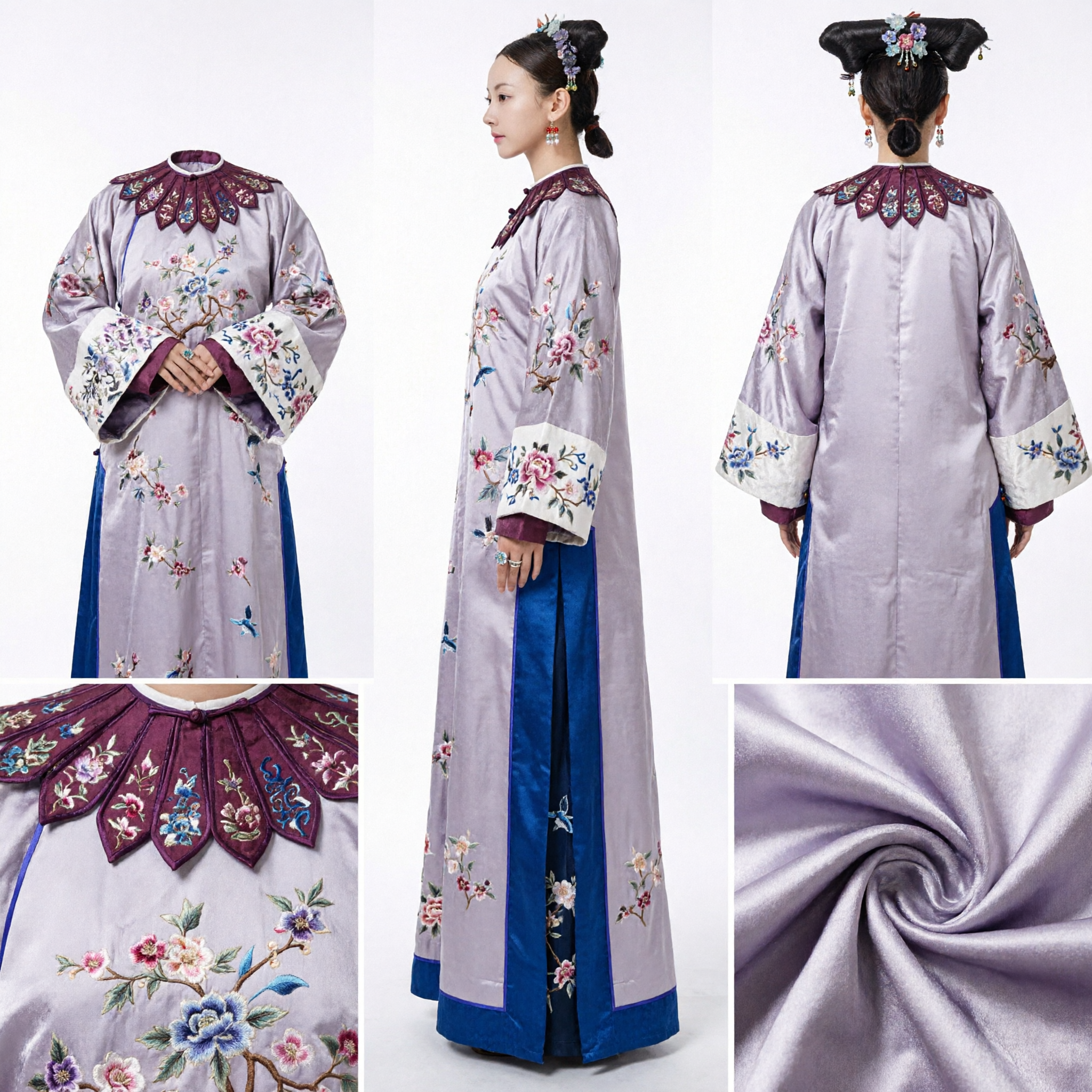 Ancient Chinese Qing Dynasty Manchu Princess Costume Embroidered Robe and Cloud Collar for Cosplay