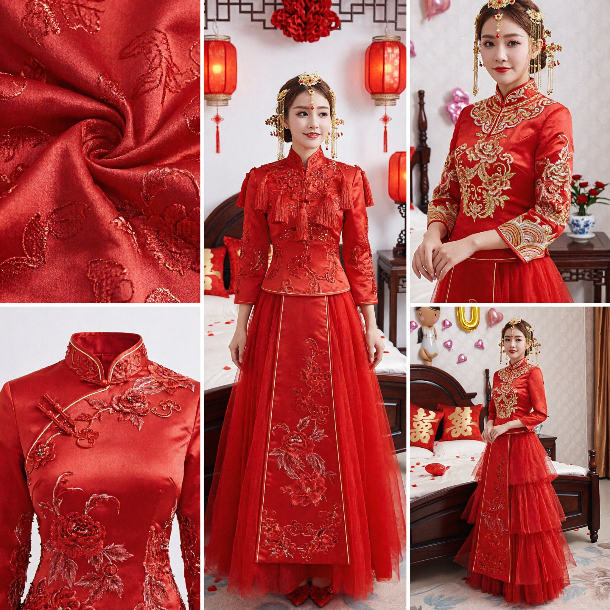 Traditional Chinese Wedding Dress Red Embroidered Bridal Gown Long Sleeve Tulle Skirt for Elegant Bride Ceremony