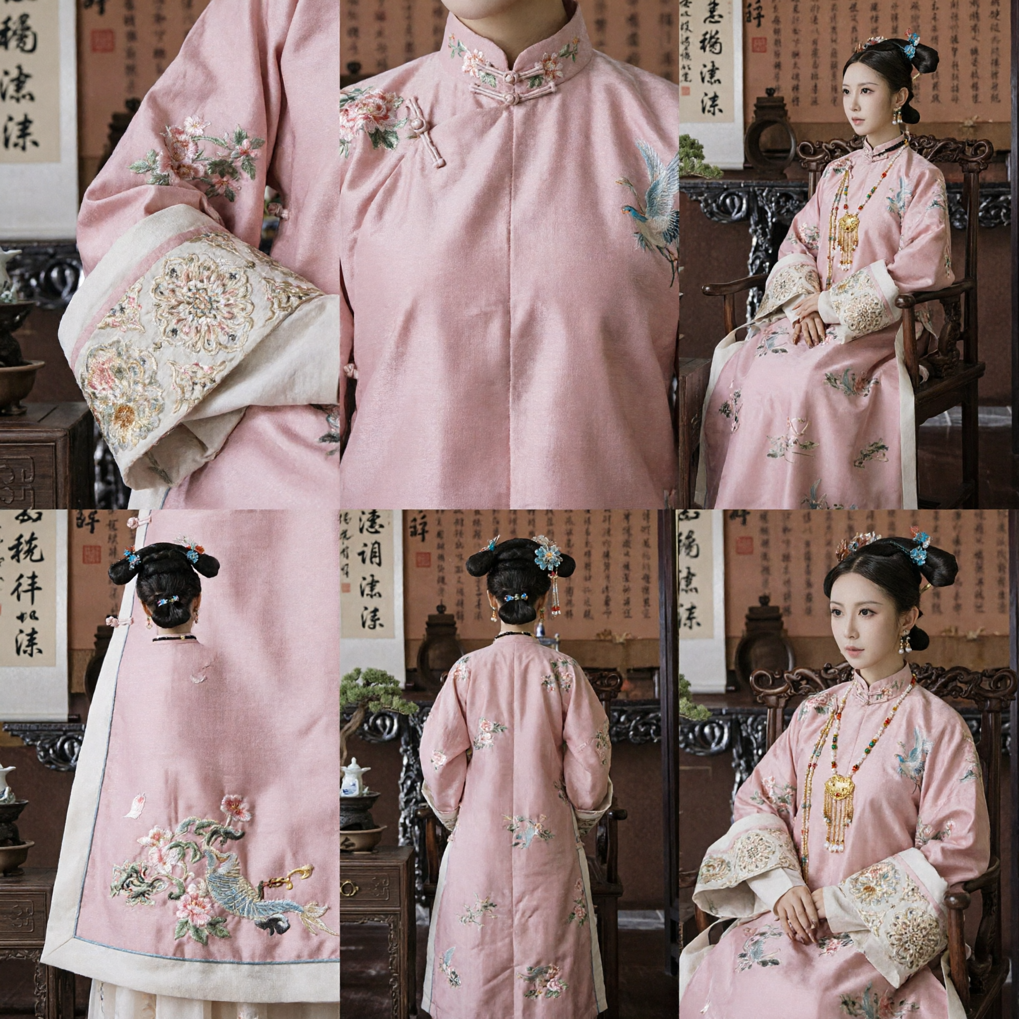 Pink Qing Dynasty Traditional Chinese Costume Manchu Robe Embroidered Palace Dress for Women Cosplay