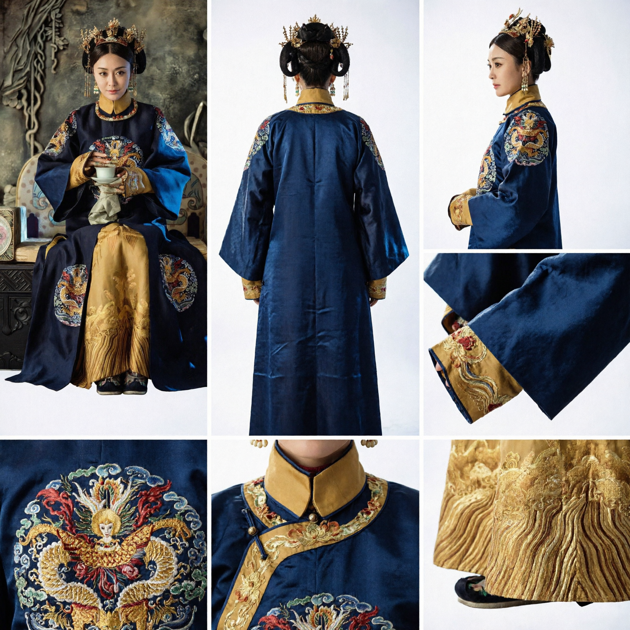 Traditional Chinese Qing Dynasty Empress Costume Blue Imperial Court Robe Ancient Princess Dress for Women