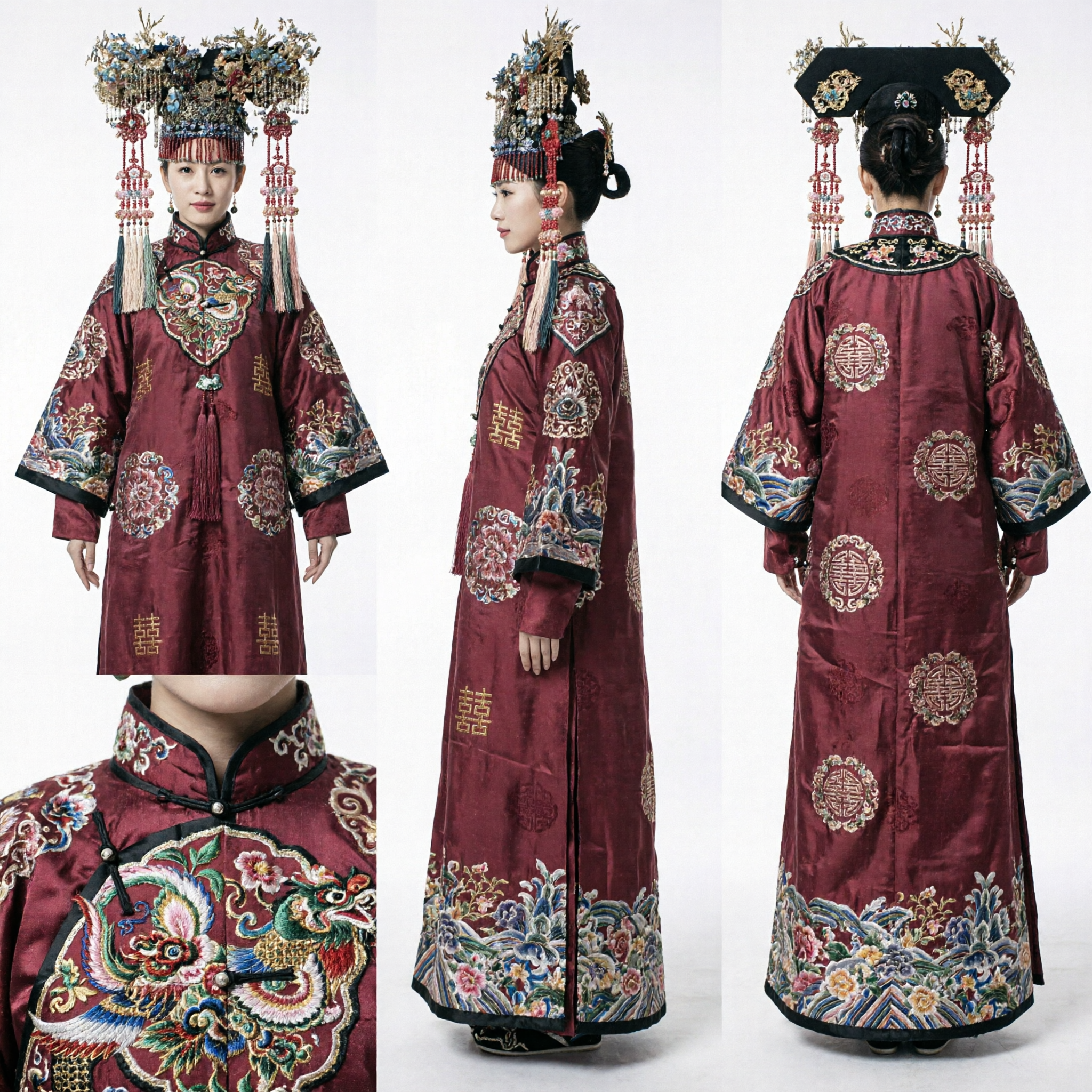 Traditional Chinese Qing Dynasty Manchu Empress Wedding Costume Red Embroidered Robe and Elaborate Headdress Set for Women