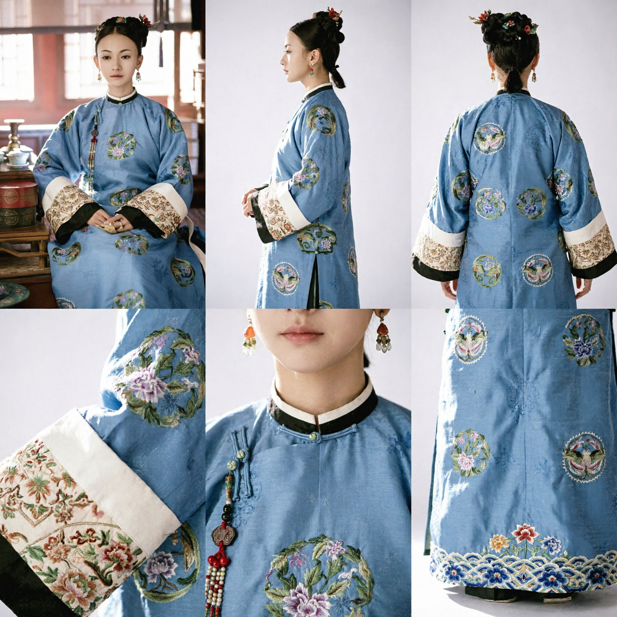 Traditional Chinese Qing Dynasty Blue Embroidered Robe Ancient Court Costume for Women Historical Cosplay