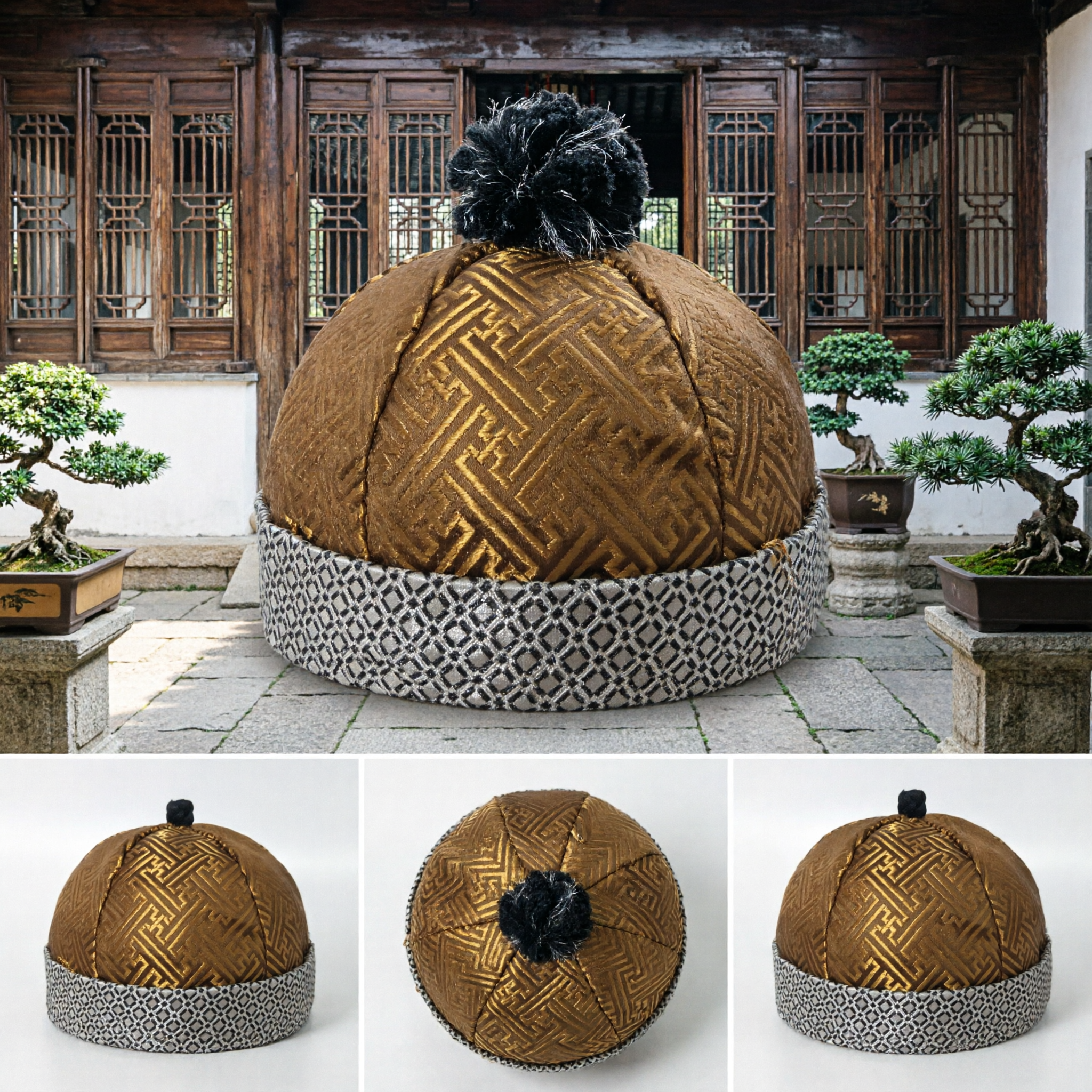 Traditional Chinese Qing Dynasty Golden Skullcap Hat with Geometric Pattern Ancient Costume Headwear