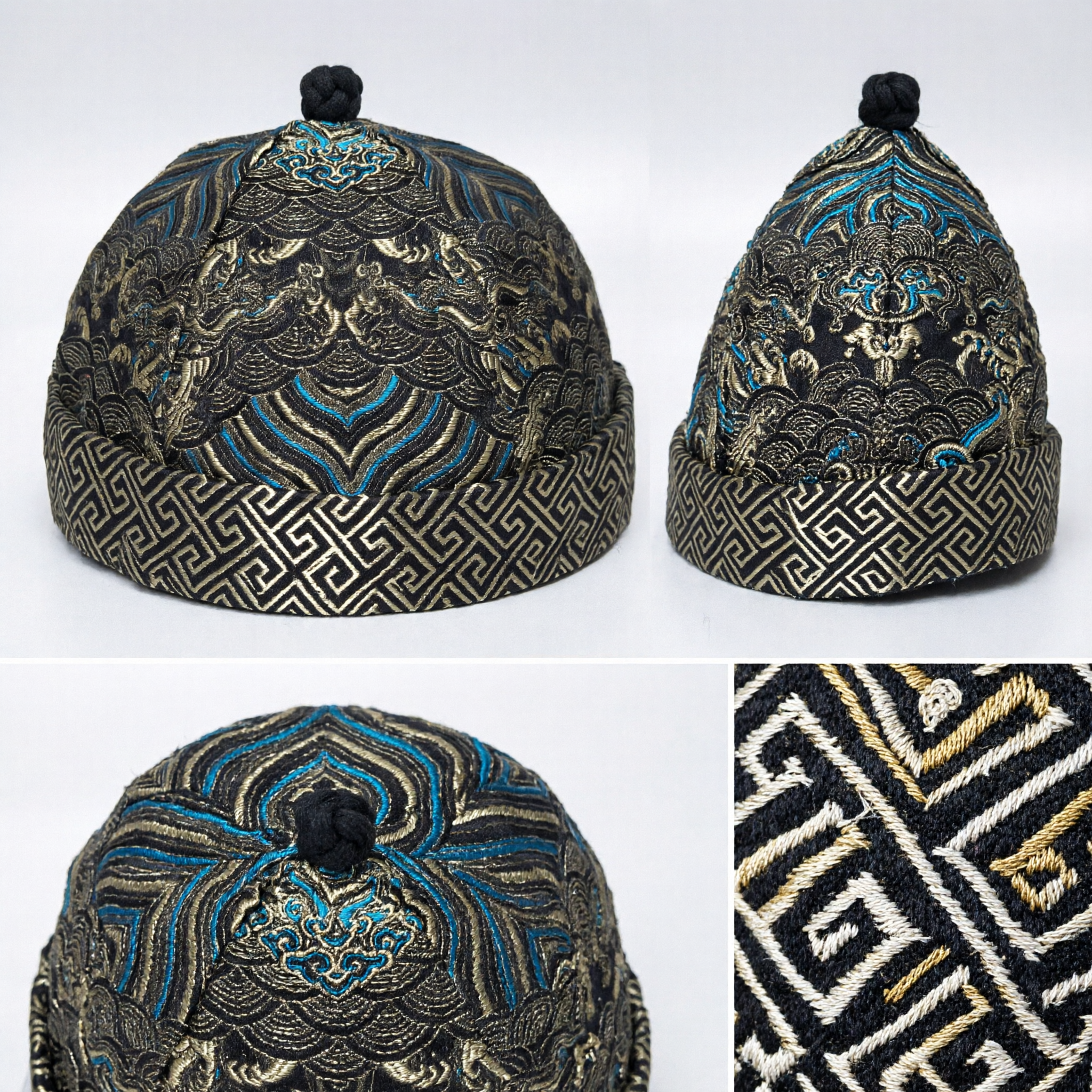 Traditional Chinese Qing Dynasty Brocade Skullcap Black Gold Embroidery Hat for Men Hanfu Costume
