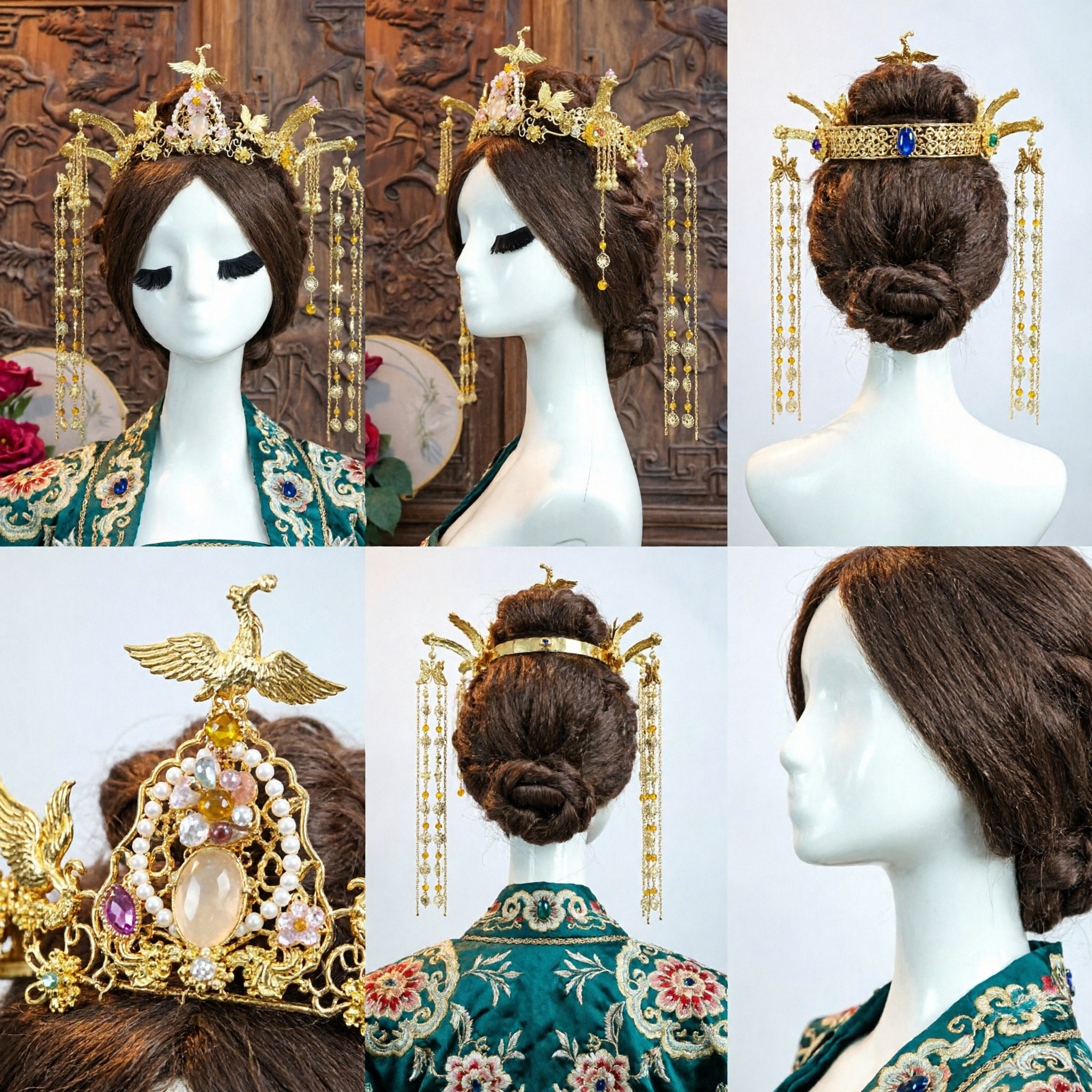 Exquisite Gold Phoenix Crown Hair Accessories Traditional Chinese Hanfu Wedding Headpiece for Brides