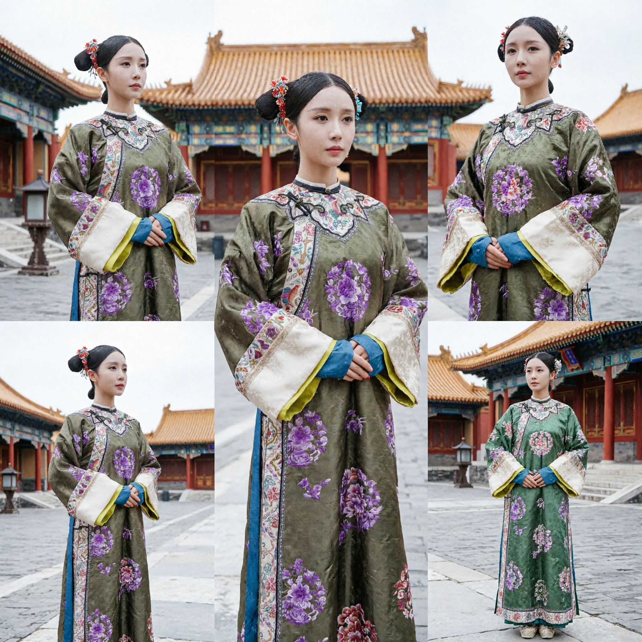 Chinese Ancient Qing Dynasty Concubine Costume Green Floral Embroidered Robe Traditional Manchu Dress for Women