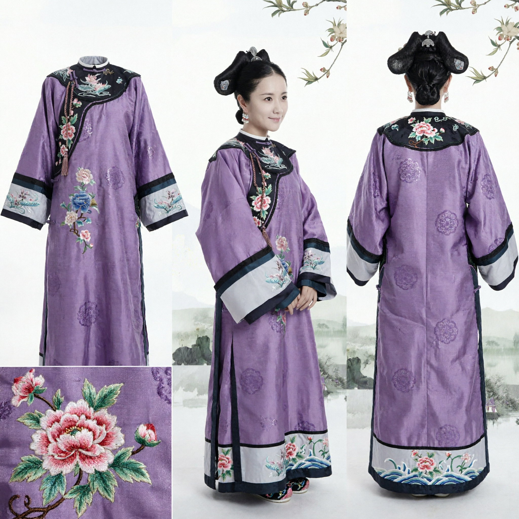 Traditional Chinese Qing Dynasty Princess Costume Purple Embroidered Manchu Robe Ancient Palace Lady Clothing