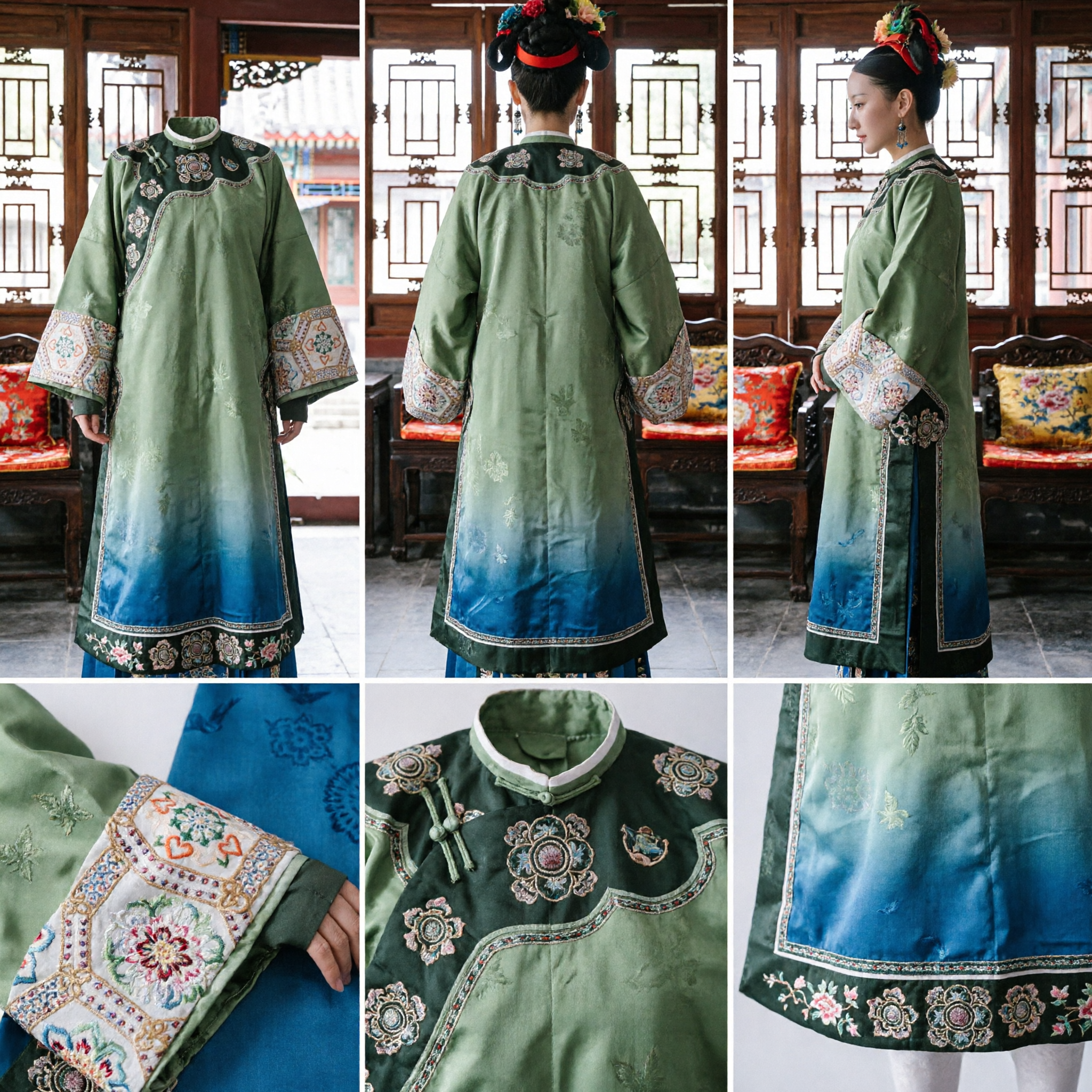 Traditional Chinese Qing Dynasty Palace Lady Green Robe Ancient Manchu Embroidered Costume for Women Cosplay