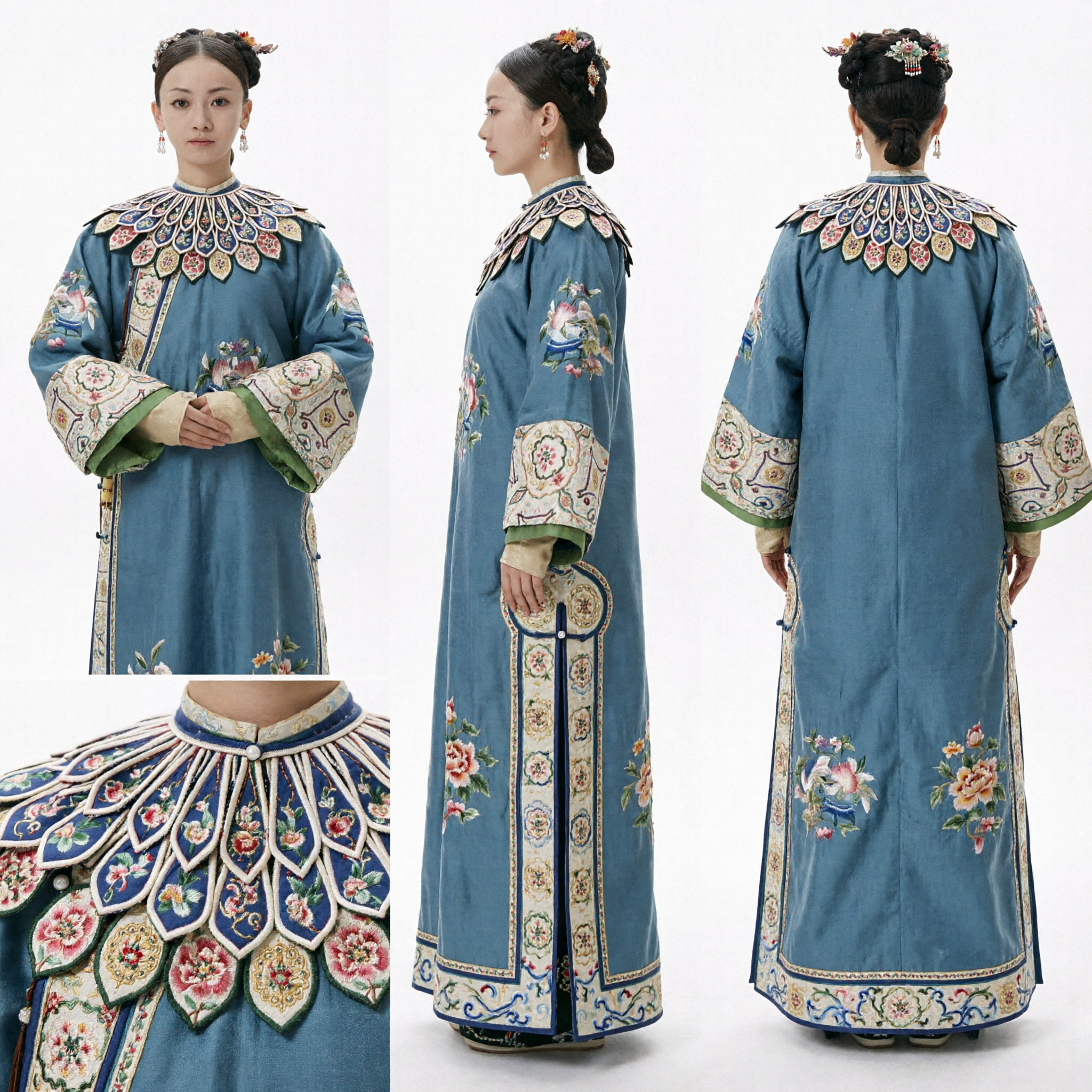 Traditional Chinese Qing Dynasty Manchu Princess Blue Robe with Embroidered Cloud Shoulder Palace Costume for Women