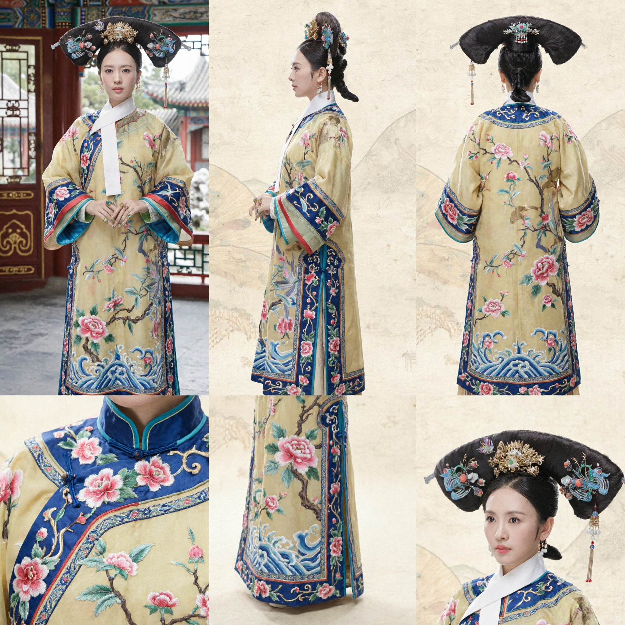 Traditional Ancient Chinese Qing Dynasty Manchu Concubine Costume Embroidered Robe and Headdress Set for Women Cosplay